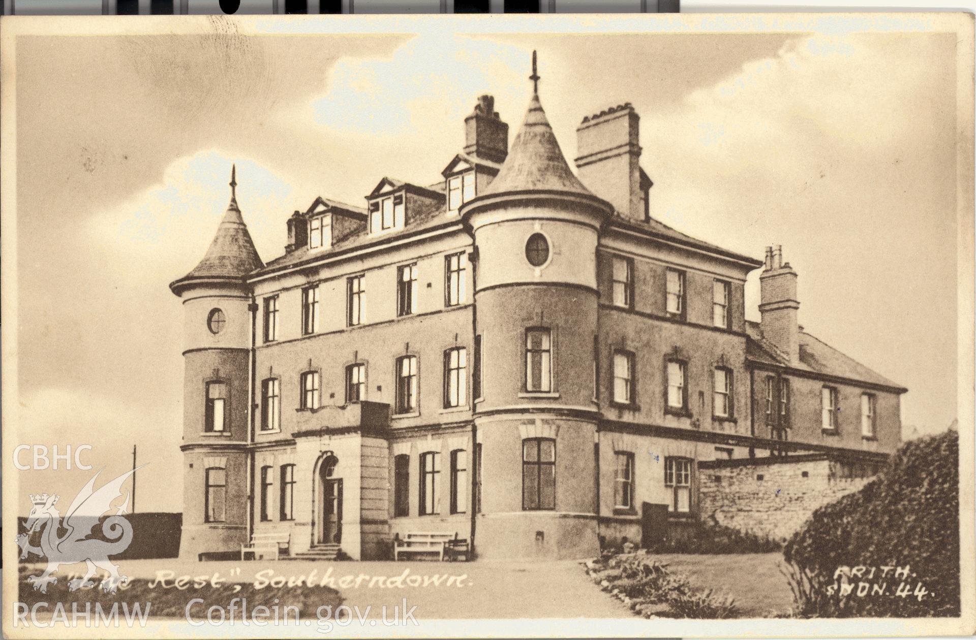 Digitised postcard image of Dunraven Hotel, Southerndown, F. Frith & Co., Ltd. Produced by Parks and Gardens Data Services, from an original item in the Peter Davis Collection at Parks and Gardens UK. We hold only web-resolution images of this collection, suitable for viewing on screen and for research purposes only. We do not hold the original images, or publication quality scans.