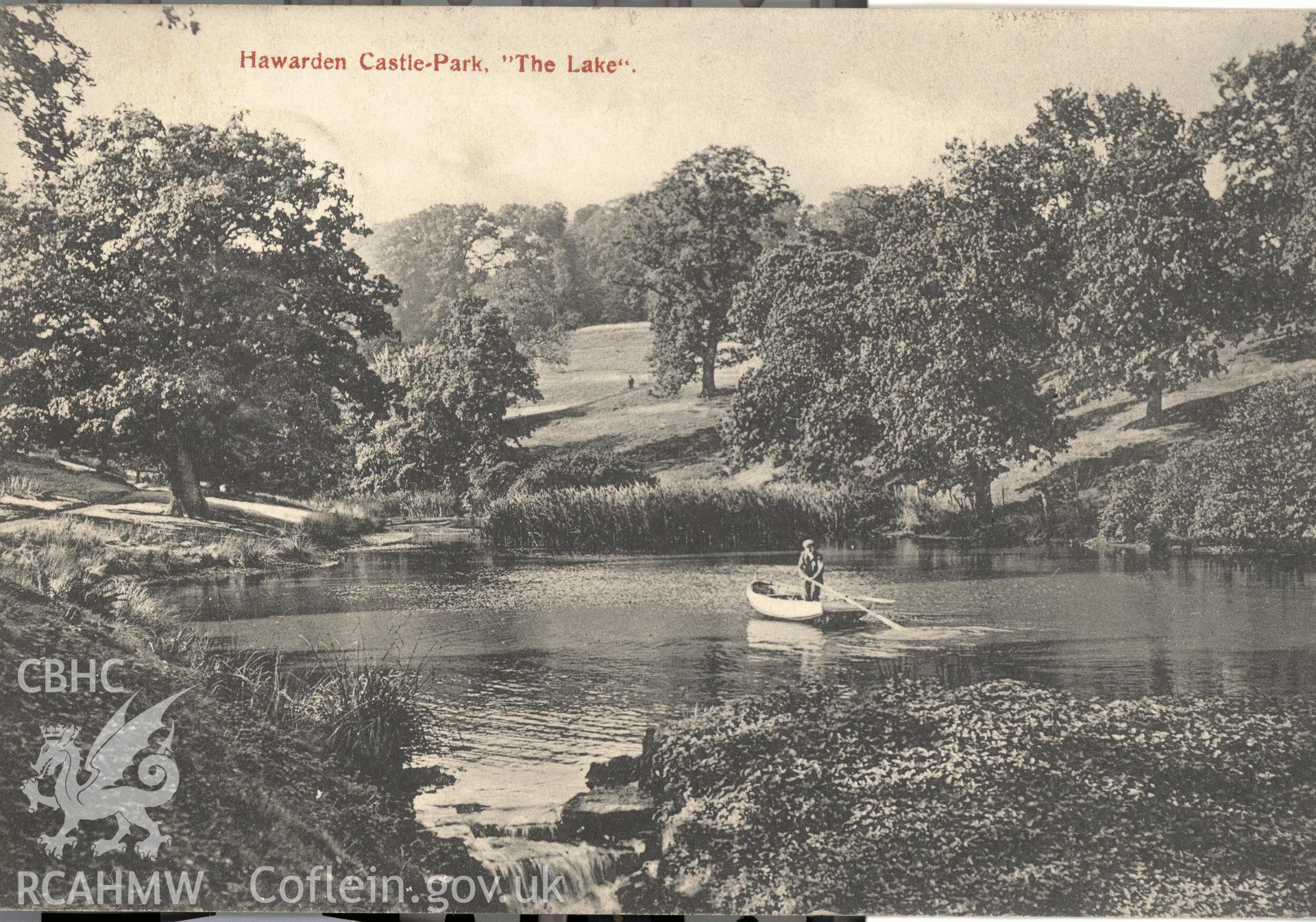 Digitised postcard image of Hawarden Castle grounds, including lake, J.H. Worley, Stationer, Hawarden. Produced by Parks and Gardens Data Services, from an original item in the Peter Davis Collection at Parks and Gardens UK. We hold only web-resolution images of this collection, suitable for viewing on screen and for research purposes only. We do not hold the original images, or publication quality scans.