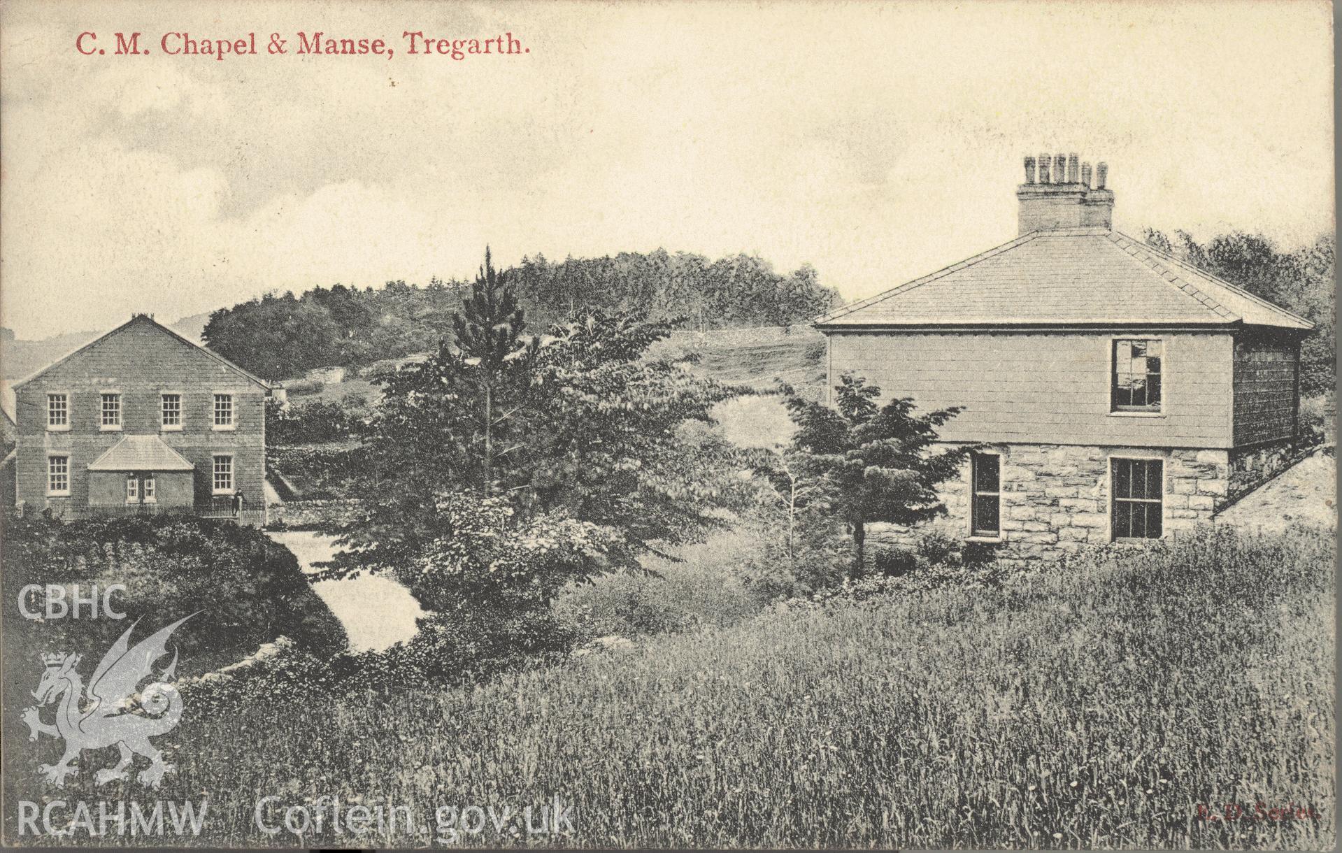 Digitised postcard image of Penygroes CM chapel and Manse, Tregarth, E Davies, Postcard Publisher, Bangor. Produced by Parks and Gardens Data Services, from an original item in the Peter Davis Collection at Parks and Gardens UK. We hold only web-resolution images of this collection, suitable for viewing on screen and for research purposes only. We do not hold the original images, or publication quality scans.