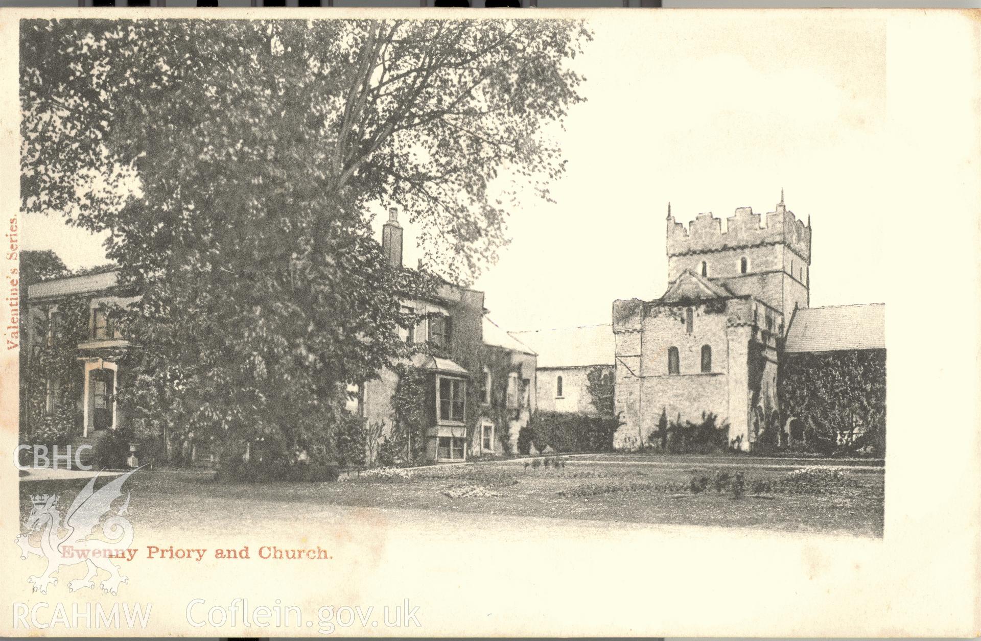 Digitised postcard image of Ewenny Priory House. Produced by Parks and Gardens Data Services, from an original item in the Peter Davis Collection at Parks and Gardens UK. We hold only web-resolution images of this collection, suitable for viewing on screen and for research purposes only. We do not hold the original images, or publication quality scans.