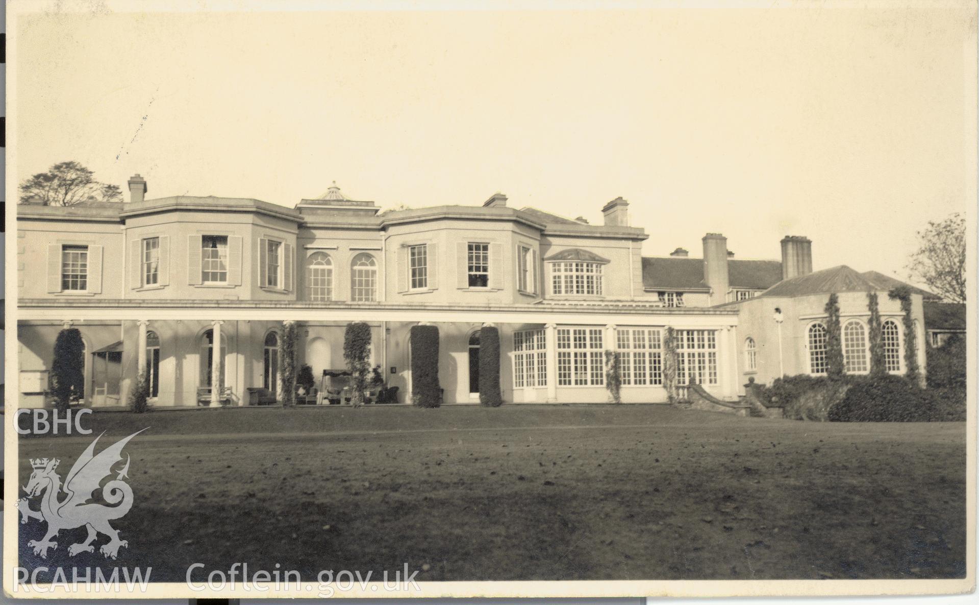 Digitised postcard image of Hilston House, Llangattock-vibon-avel. Produced by Parks and Gardens Data Services, from an original item in the Peter Davis Collection at Parks and Gardens UK. We hold only web-resolution images of this collection, suitable for viewing on screen and for research purposes only. We do not hold the original images, or publication quality scans.