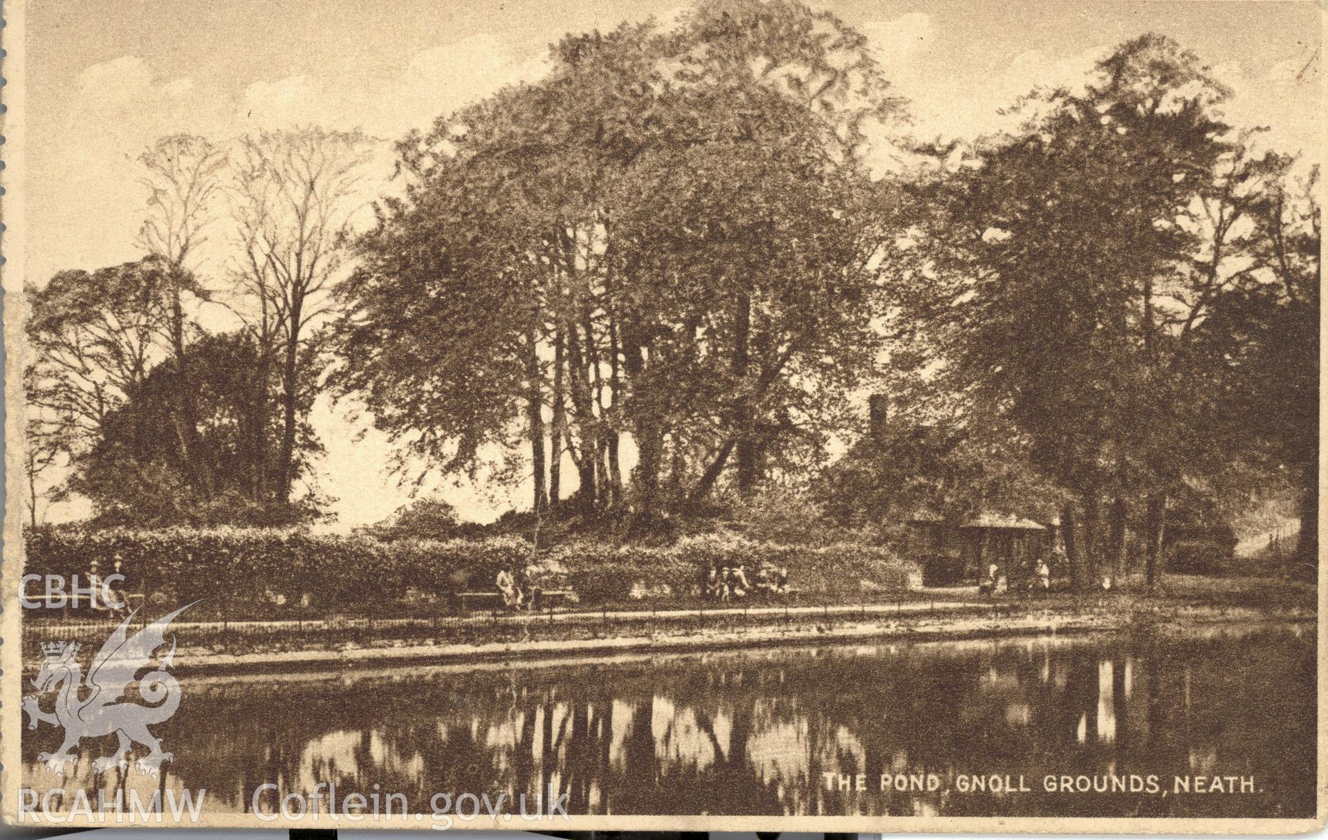 Digitised postcard image of Gnoll House garden, Neath, showing pond, the Milton "Photogravure" Woolstone Bros, London. Produced by Parks and Gardens Data Services, from an original item in the Peter Davis Collection at Parks and Gardens UK. We hold only web-resolution images of this collection, suitable for viewing on screen and for research purposes only. We do not hold the original images, or publication quality scans.