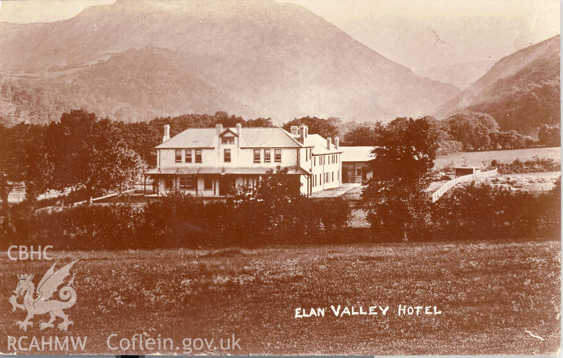 Digitised postcard image of Elan Valley Hotel, Wallace Jones. Produced by Parks and Gardens Data Services, from an original item in the Peter Davis Collection at Parks and Gardens UK. We hold only web-resolution images of this collection, suitable for viewing on screen and for research purposes only. We do not hold the original images, or publication quality scans.