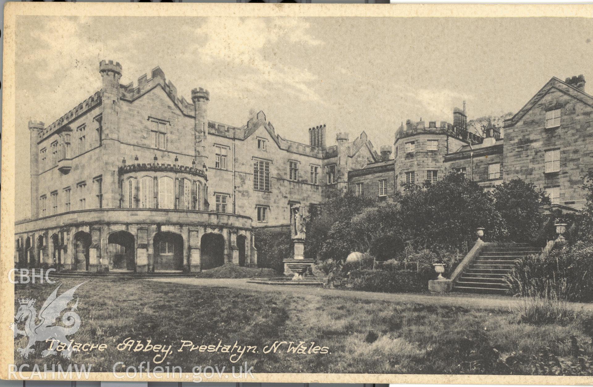 Digitised postcard image of Talacre Abbey, Marshall, Keene & Co., Works, Hove. Produced by Parks and Gardens Data Services, from an original item in the Peter Davis Collection at Parks and Gardens UK. We hold only web-resolution images of this collection, suitable for viewing on screen and for research purposes only. We do not hold the original images, or publication quality scans.