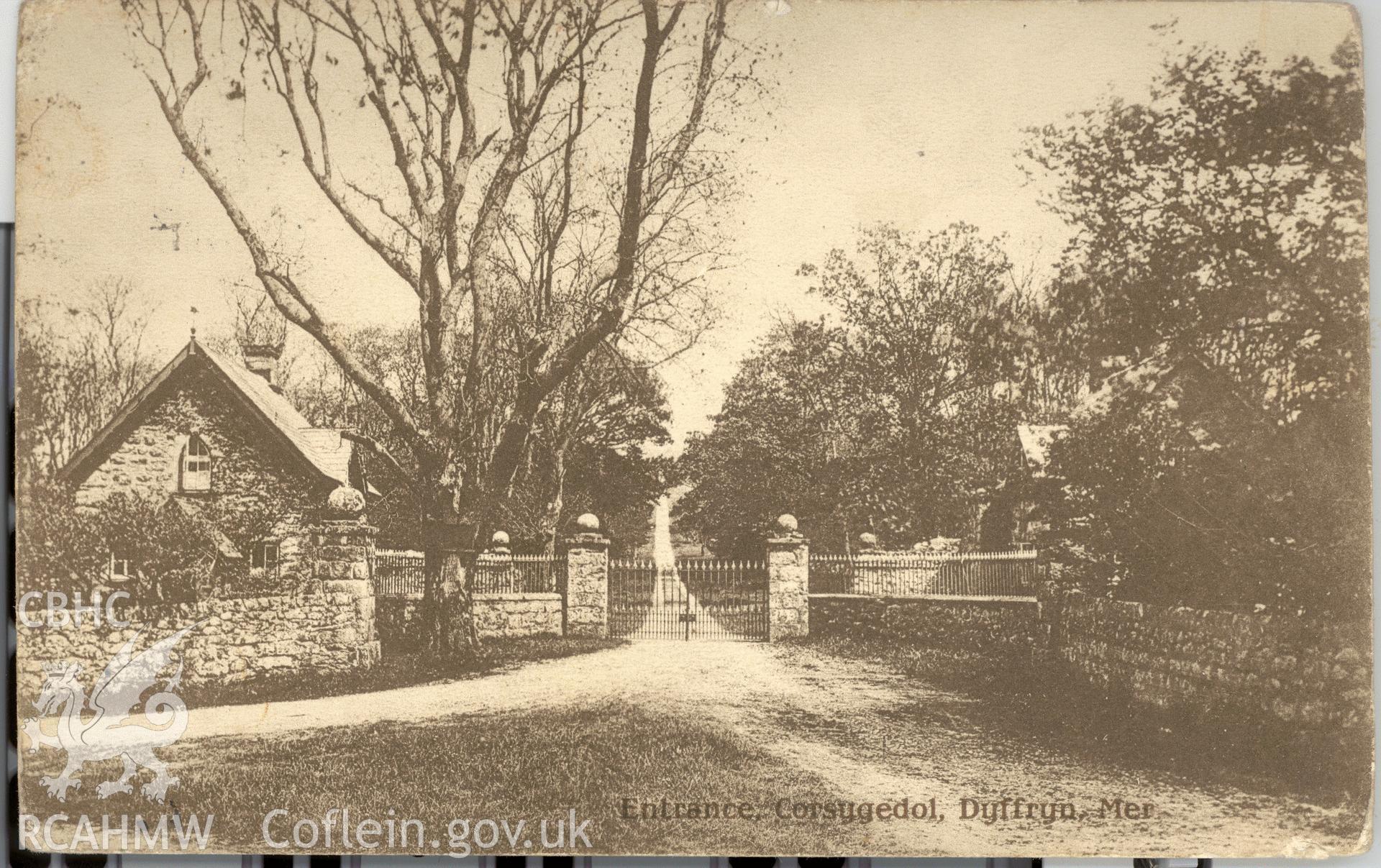 Digitised postcard image of Cors-y-Gedol gatepiers, John Griffiths, Berwyn Buildings, Dyffryn. Produced by Parks and Gardens Data Services, from an original item in the Peter Davis Collection at Parks and Gardens UK. We hold only web-resolution images of this collection, suitable for viewing on screen and for research purposes only. We do not hold the original images, or publication quality scans.