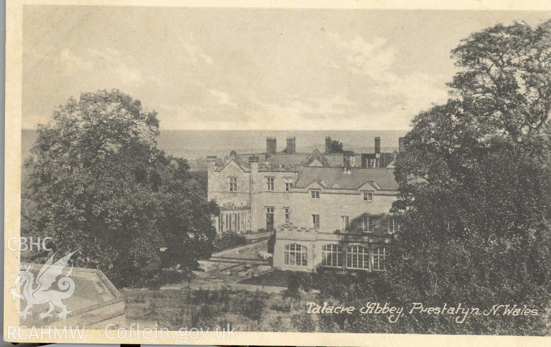 Digitised postcard image of Talacre Abbey, Marshall, Keene & Co., Works, Hove. Produced by Parks and Gardens Data Services, from an original item in the Peter Davis Collection at Parks and Gardens UK. We hold only web-resolution images of this collection, suitable for viewing on screen and for research purposes only. We do not hold the original images, or publication quality scans.