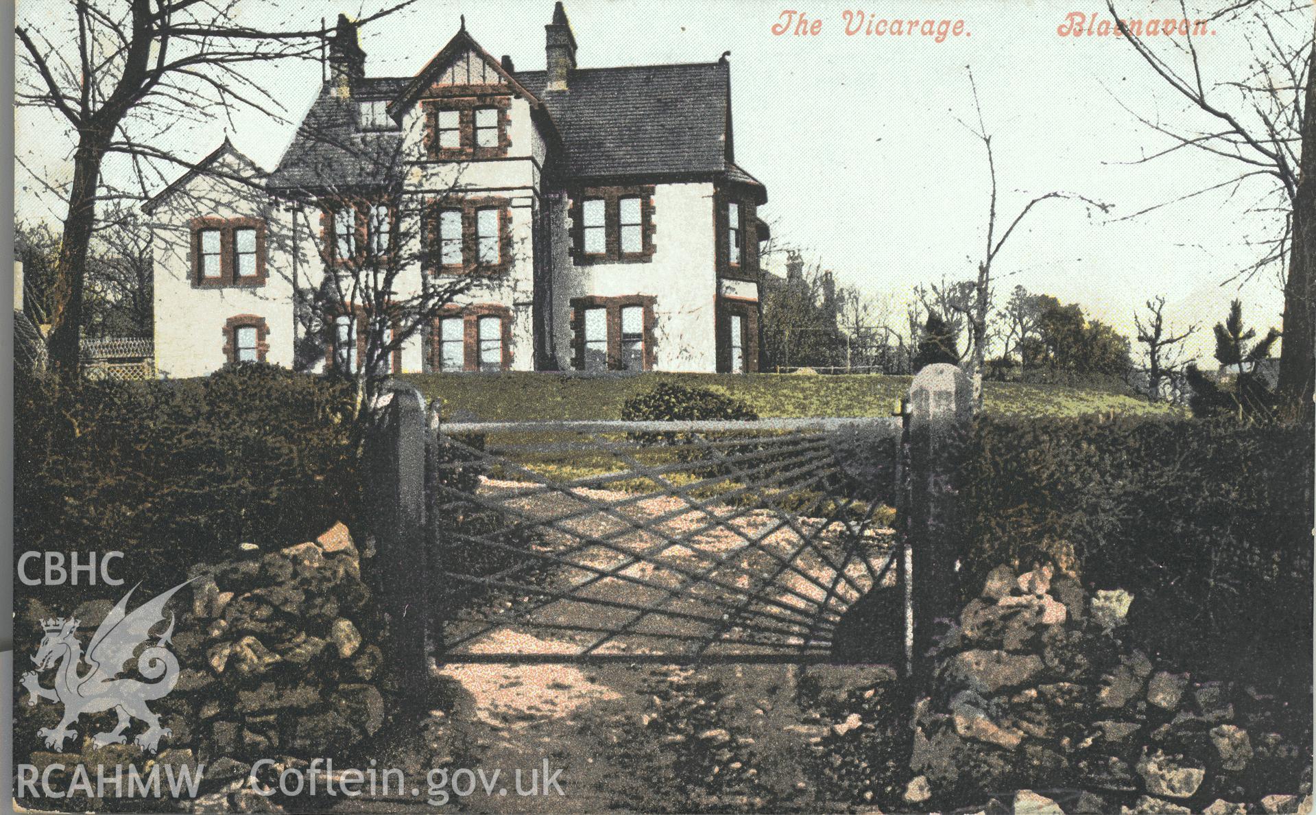 Digitised postcard image of former vicarage, Blaenavon. Produced by Parks and Gardens Data Services, from an original item in the Peter Davis Collection at Parks and Gardens UK. We hold only web-resolution images of this collection, suitable for viewing on screen and for research purposes only. We do not hold the original images, or publication quality scans.