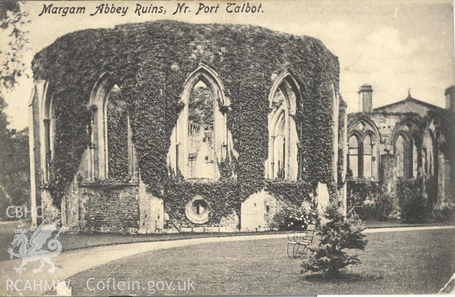 Digitised postcard image of Chapter House ruins, Margam Abbey, the Rod- land Series. Produced by Parks and Gardens Data Services, from an original item in the Peter Davis Collection at Parks and Gardens UK. We hold only web-resolution images of this collection, suitable for viewing on screen and for research purposes only. We do not hold the original images, or publication quality scans.