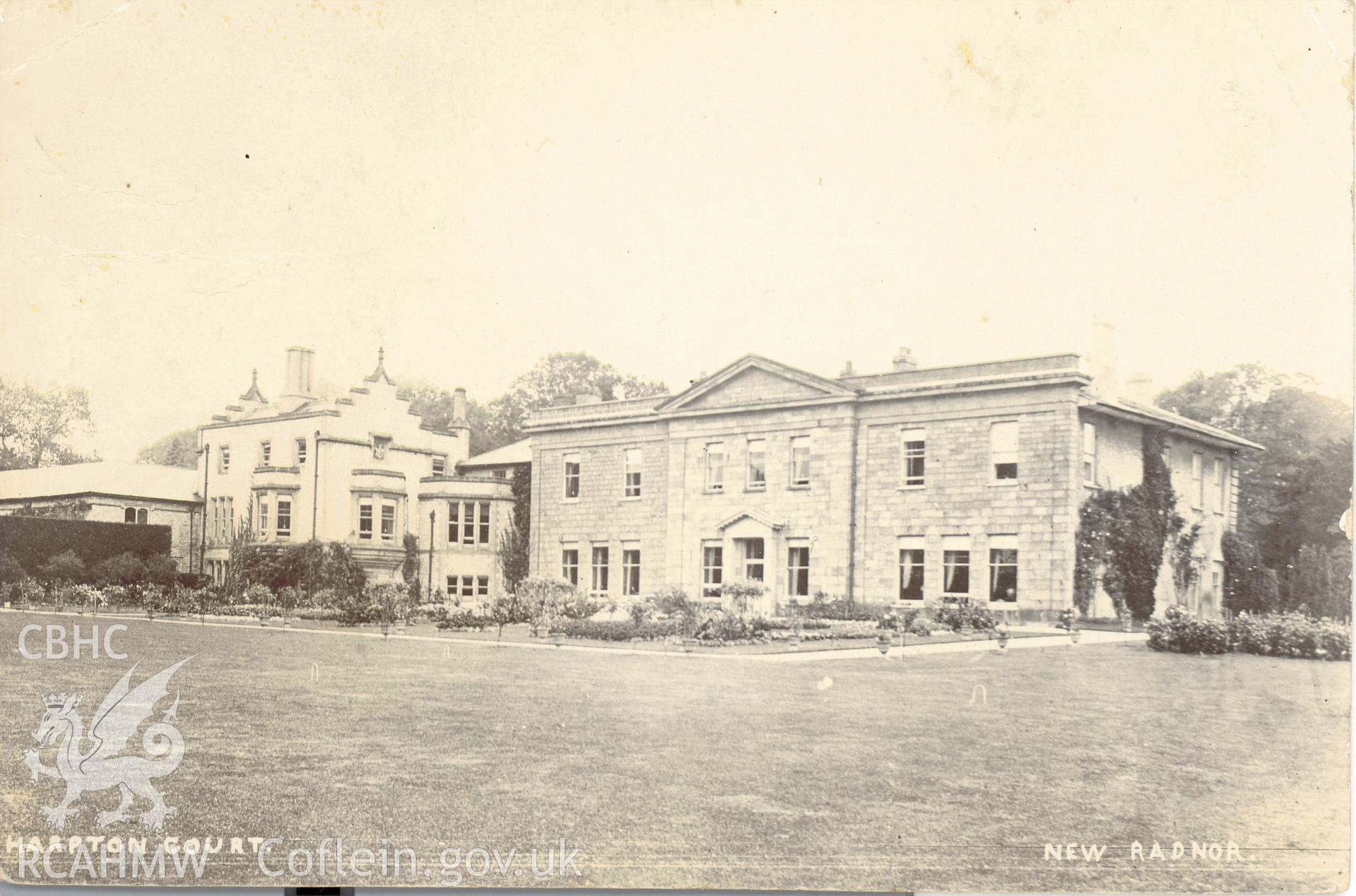 Digitised postcard image of Harpton Court, New Radnor. Produced by Parks and Gardens Data Services, from an original item in the Peter Davis Collection at Parks and Gardens UK. We hold only web-resolution images of this collection, suitable for viewing on screen and for research purposes only. We do not hold the original images, or publication quality scans.