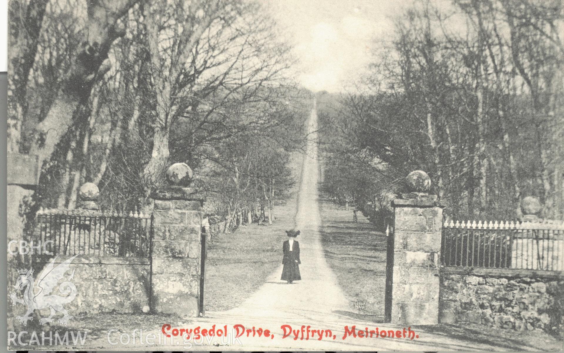 Digitised postcard image of Cors-y-Gedol gatepiers, with figure, John Griffiths, Berwyn Buildings, Dyffryn. Produced by Parks and Gardens Data Services, from an original item in the Peter Davis Collection at Parks and Gardens UK. We hold only web-resolution images of this collection, suitable for viewing on screen and for research purposes only. We do not hold the original images, or publication quality scans.