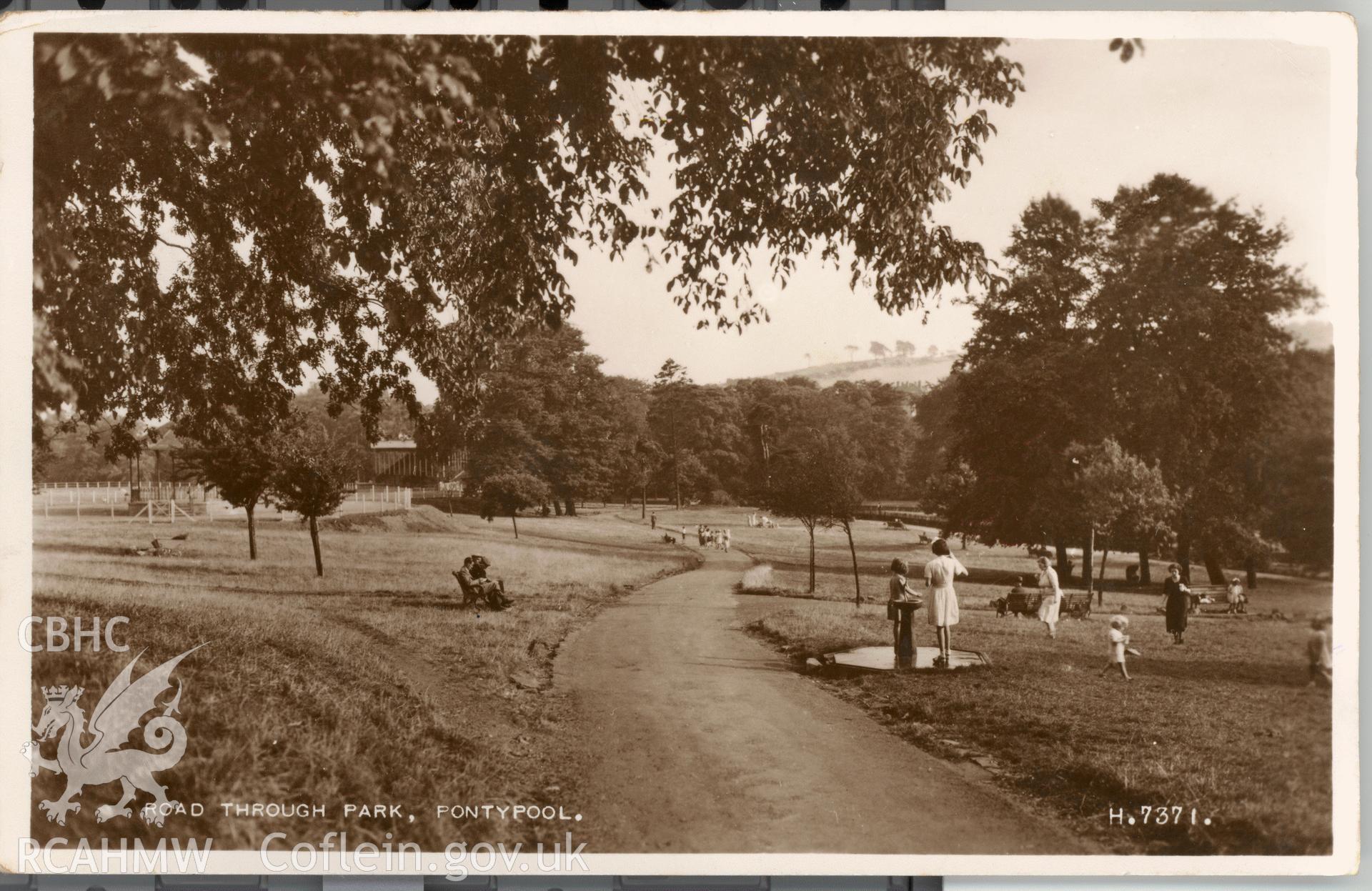 Digitised postcard image of road through Pontypool Park with figures, Valentine and Sons Ltd. Produced by Parks and Gardens Data Services, from an original item in the Peter Davis Collection at Parks and Gardens UK. We hold only web-resolution images of this collection, suitable for viewing on screen and for research purposes only. We do not hold the original images, or publication quality scans.