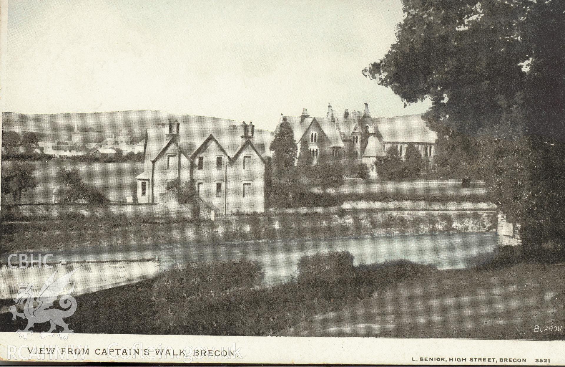 Digitised postcard image of Christ College, Brecon, Burrow, High Street Brecon. Produced by Parks and Gardens Data Services, from an original item in the Peter Davis Collection at Parks and Gardens UK. We hold only web-resolution images of this collection, suitable for viewing on screen and for research purposes only. We do not hold the original images, or publication quality scans.