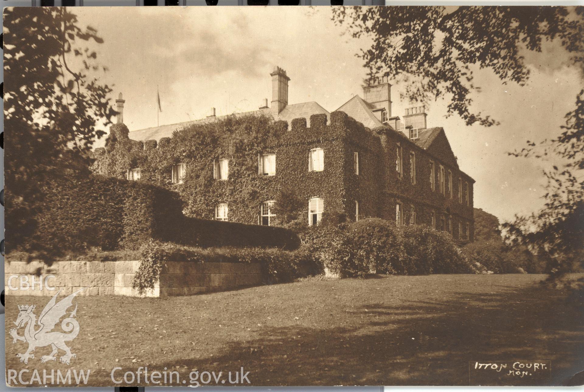 Digitised postcard image of Itton Court, Devauden, W.A. Call, the County Studio, Monmouth. Produced by Parks and Gardens Data Services, from an original item in the Peter Davis Collection at Parks and Gardens UK. We hold only web-resolution images of this collection, suitable for viewing on screen and for research purposes only. We do not hold the original images, or publication quality scans.