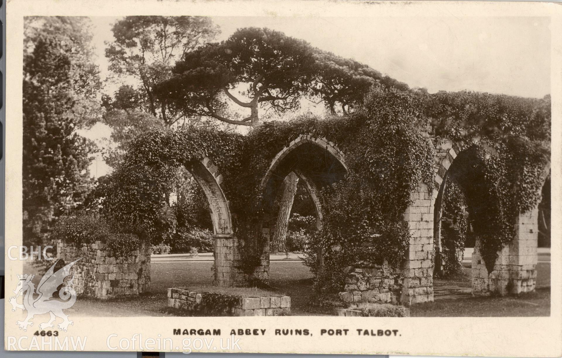 Digitised postcard image of Chapter House ruins, Margam Abbey, Kingsway Real Photo Series. Produced by Parks and Gardens Data Services, from an original item in the Peter Davis Collection at Parks and Gardens UK. We hold only web-resolution images of this collection, suitable for viewing on screen and for research purposes only. We do not hold the original images, or publication quality scans.