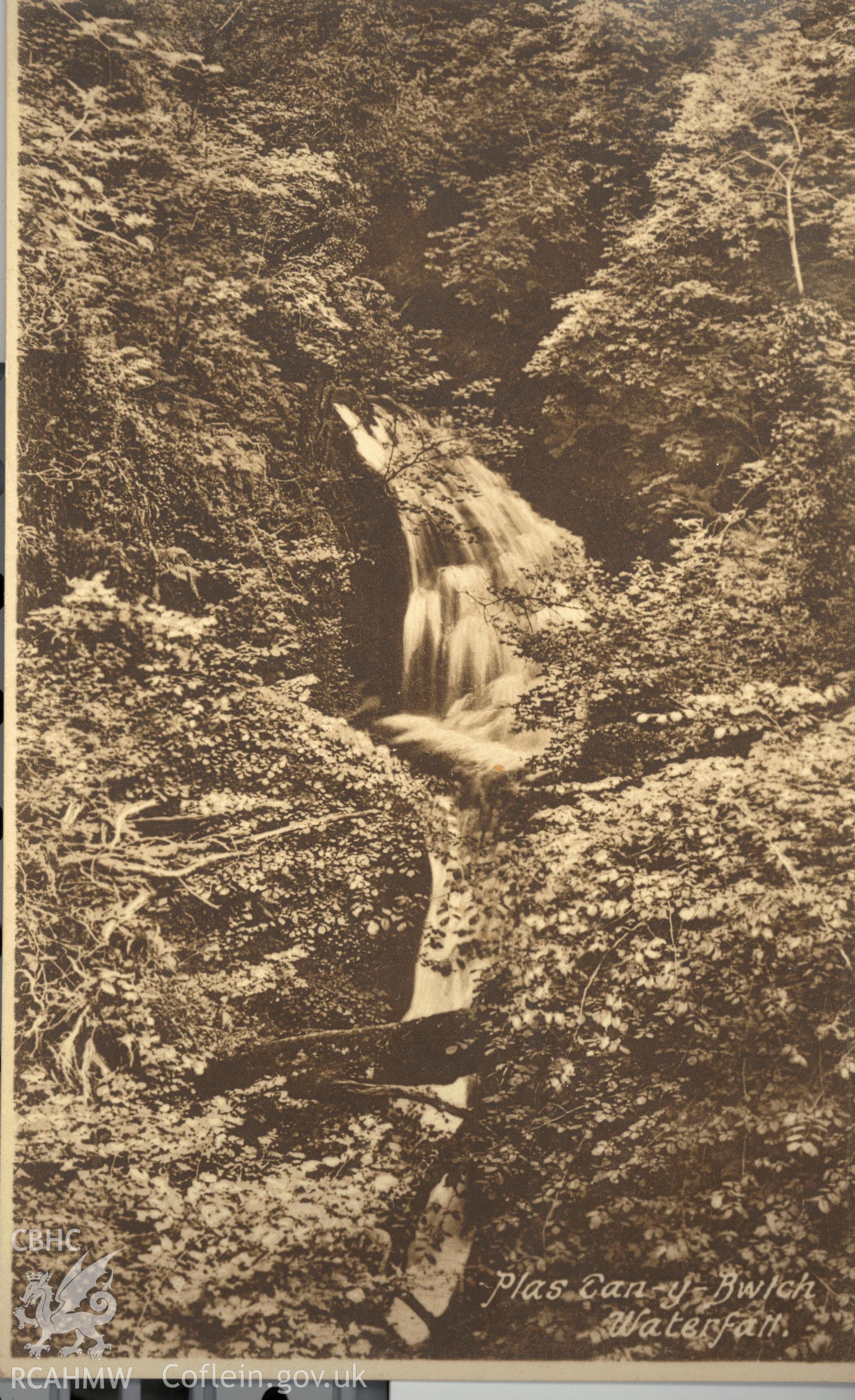 Digitised postcard image of waterfall at Tan-yr-Bwlch, Maentwrog, Frith's Series. Produced by Parks and Gardens Data Services, from an original item in the Peter Davis Collection at Parks and Gardens UK. We hold only web-resolution images of this collection, suitable for viewing on screen and for research purposes only. We do not hold the original images, or publication quality scans.