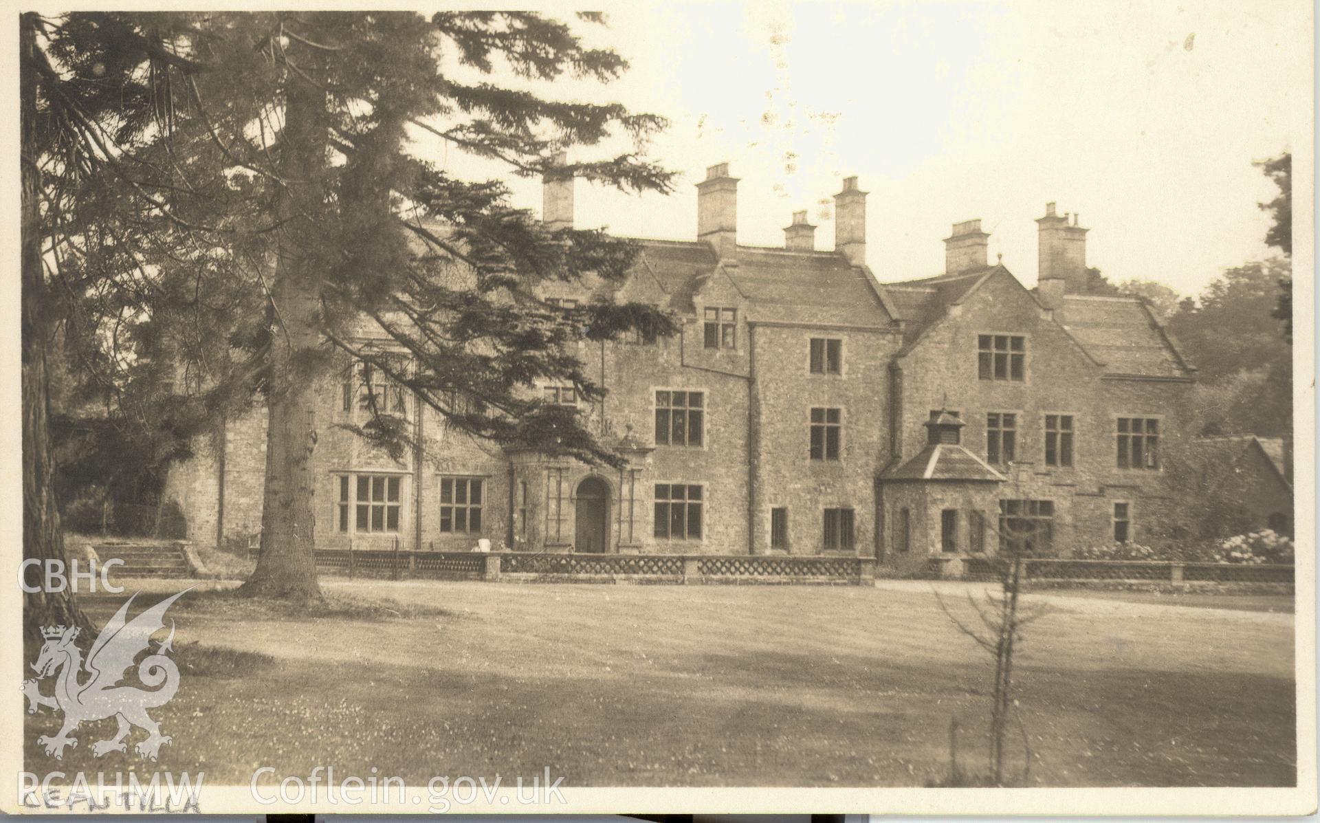 Digitised postcard image of Cefn Tilla Court, Llandenny. Produced by Parks and Gardens Data Services, from an original item in the Peter Davis Collection at Parks and Gardens UK. We hold only web-resolution images of this collection, suitable for viewing on screen and for research purposes only. We do not hold the original images, or publication quality scans.