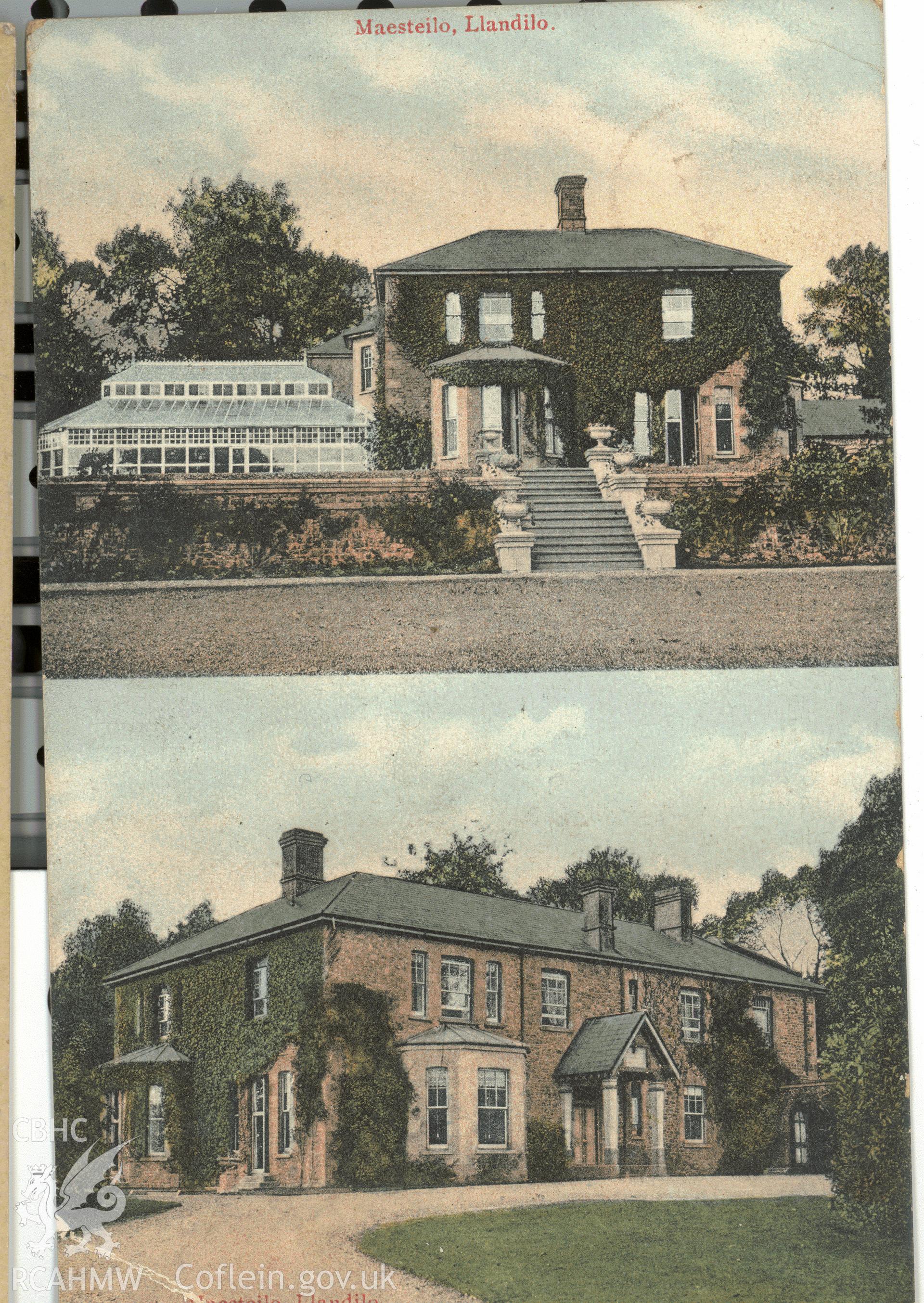 Digitised postcard image of Maesteilo House, Capel Isaac, Williams Llandeilo. Produced by Parks and Gardens Data Services, from an original item in the Peter Davis Collection at Parks and Gardens UK. We hold only web-resolution images of this collection, suitable for viewing on screen and for research purposes only. We do not hold the original images, or publication quality scans.