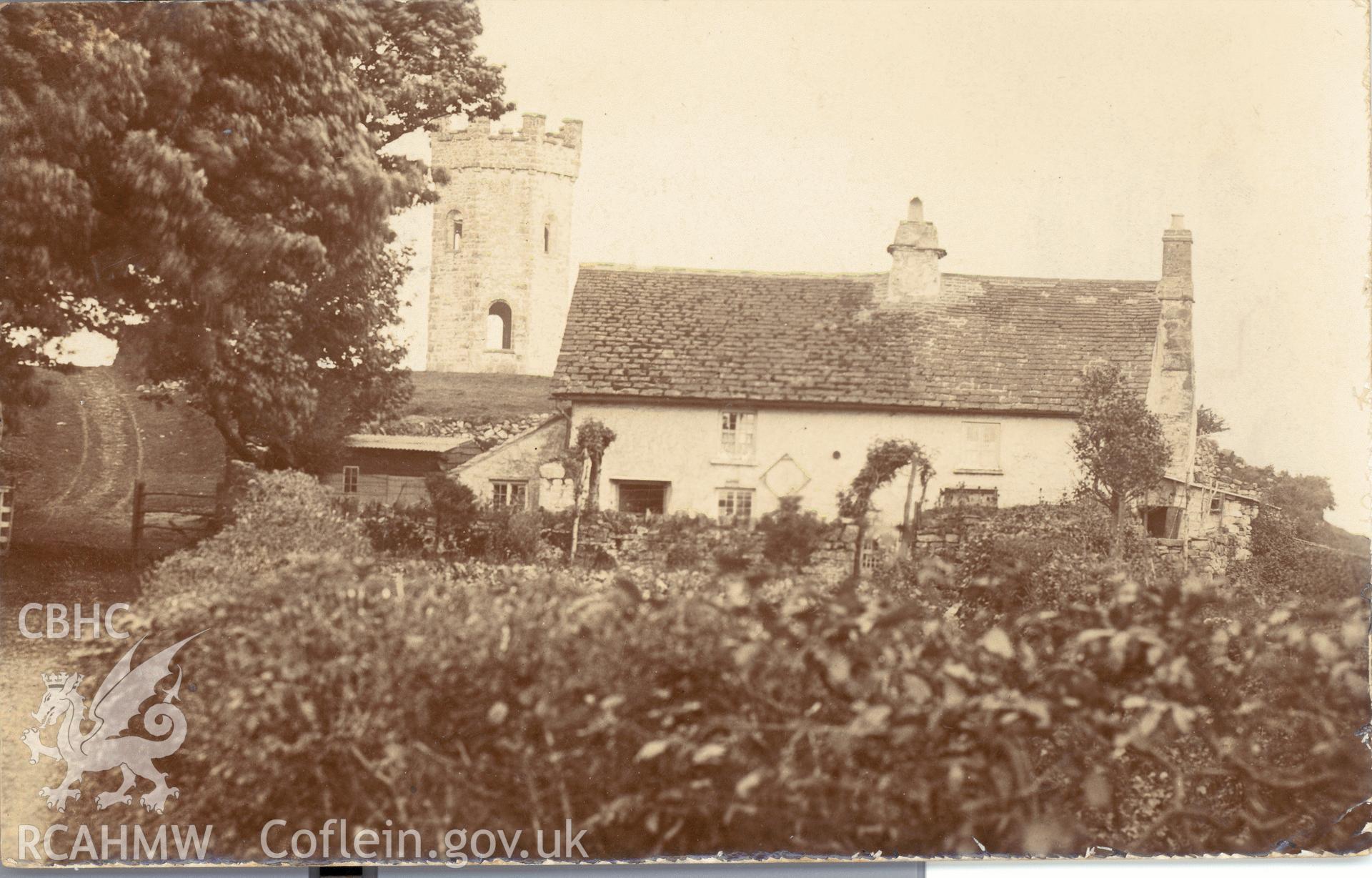 Digitised postcard image of cottage near the Folly, Pontypool Park. Produced by Parks and Gardens Data Services, from an original item in the Peter Davis Collection at Parks and Gardens UK. We hold only web-resolution images of this collection, suitable for viewing on screen and for research purposes only. We do not hold the original images, or publication quality scans.