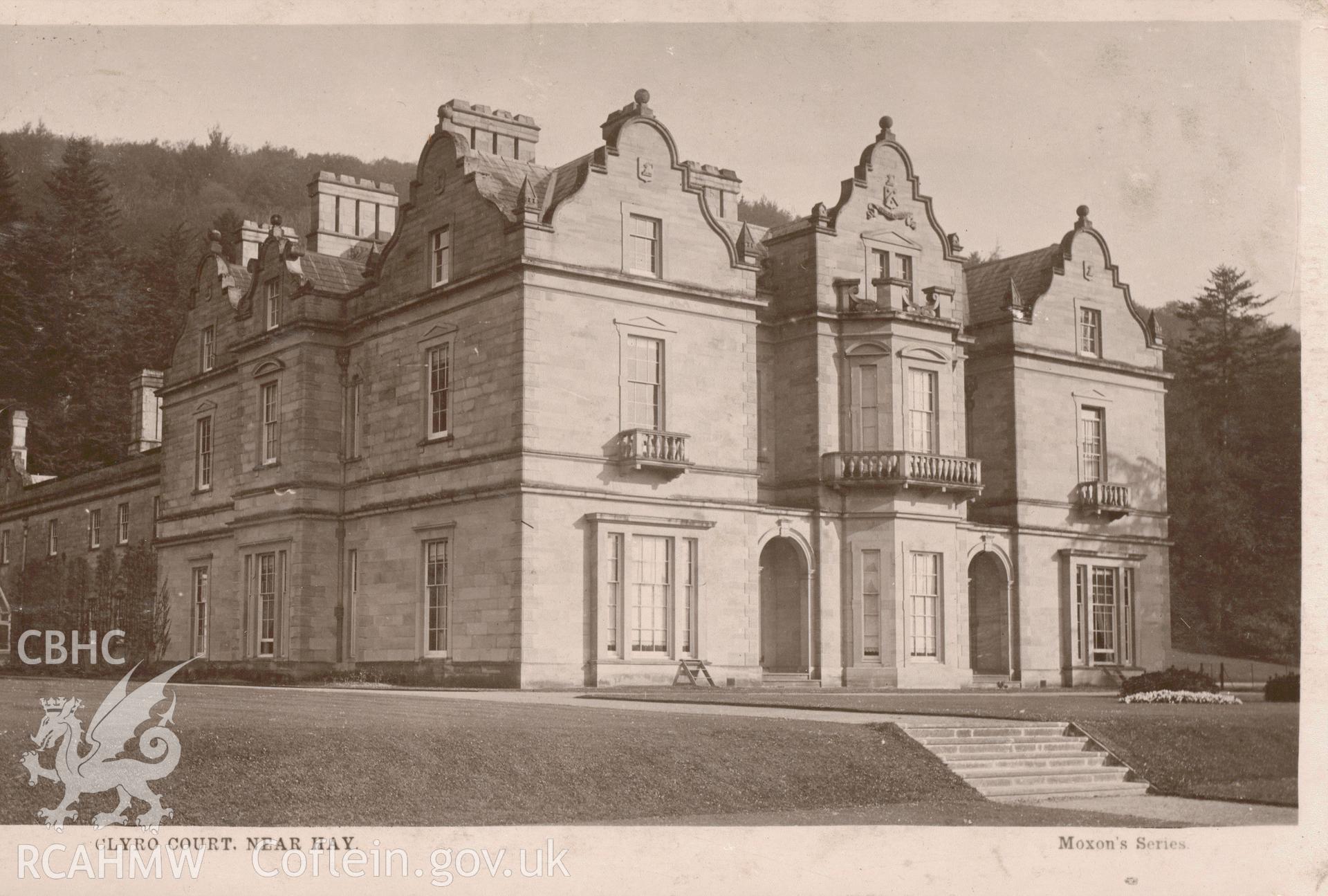 Digitised postcard image of Clyro Court near Hay, Moxon's series. Produced by Parks and Gardens Data Services, from an original item in the Peter Davis Collection at Parks and Gardens UK. We hold only web-resolution images of this collection, suitable for viewing on screen and for research purposes only. We do not hold the original images, or publication quality scans.