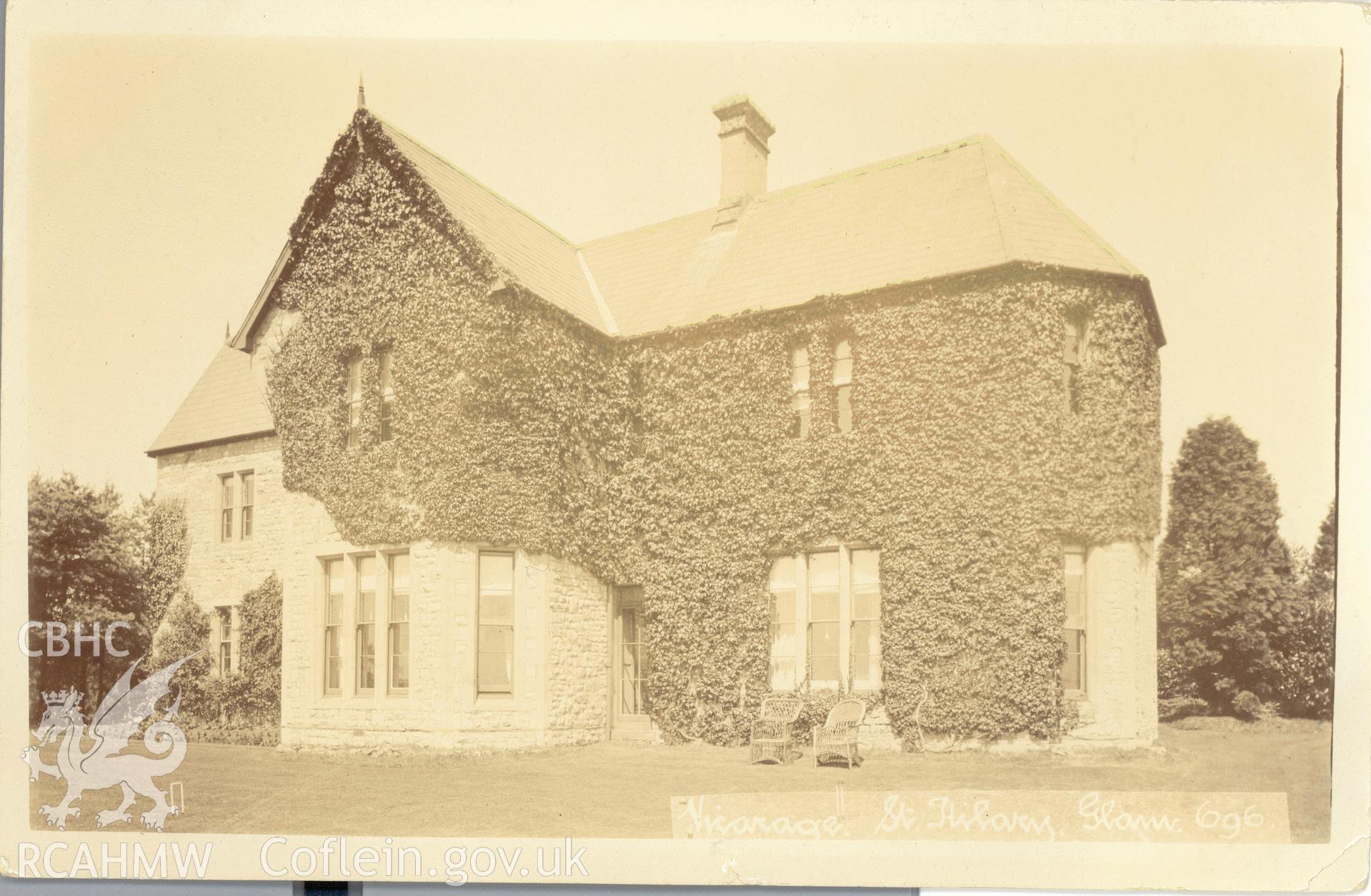 Digitised postcard image of the Vicarage, St Hilary, E. Miles, Ewenny Road Studio, Bridgend. Produced by Parks and Gardens Data Services, from an original item in the Peter Davis Collection at Parks and Gardens UK. We hold only web-resolution images of this collection, suitable for viewing on screen and for research purposes only. We do not hold the original images, or publication quality scans.