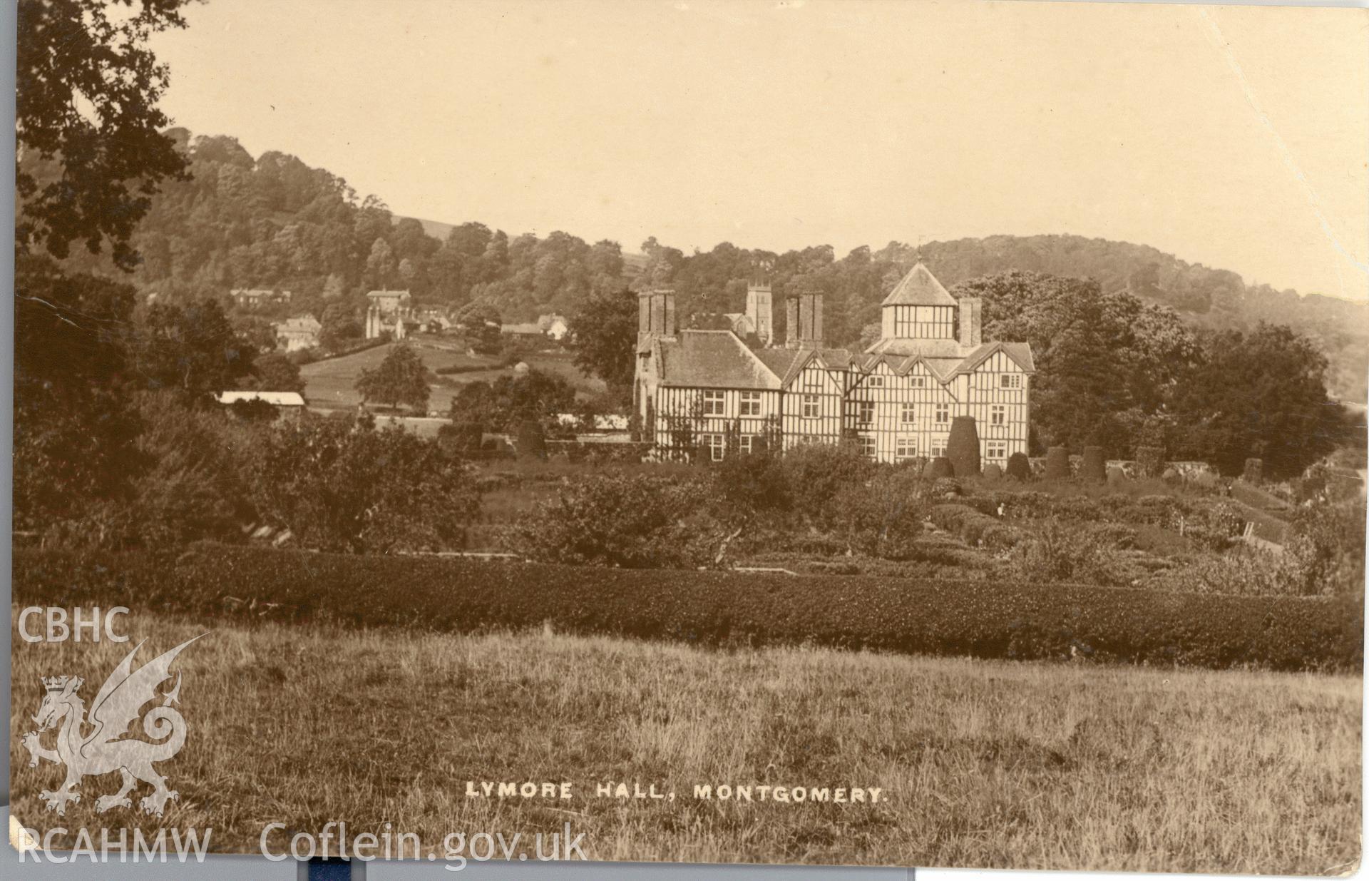 Digitised postcard image of Lymore Hall, Montgomery. Produced by Parks and Gardens Data Services, from an original item in the Peter Davis Collection at Parks and Gardens UK. We hold only web-resolution images of this collection, suitable for viewing on screen and for research purposes only. We do not hold the original images, or publication quality scans.