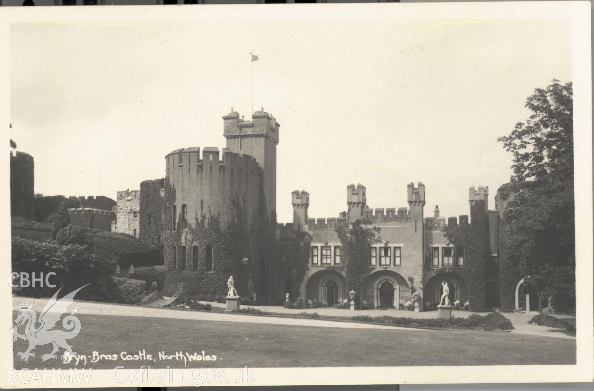 Digitised postcard image of Bryn Bras Castle, Llanrug, showing statuary. Produced by Parks and Gardens Data Services, from an original item in the Peter Davis Collection at Parks and Gardens UK. We hold only web-resolution images of this collection, suitable for viewing on screen and for research purposes only. We do not hold the original images, or publication quality scans.