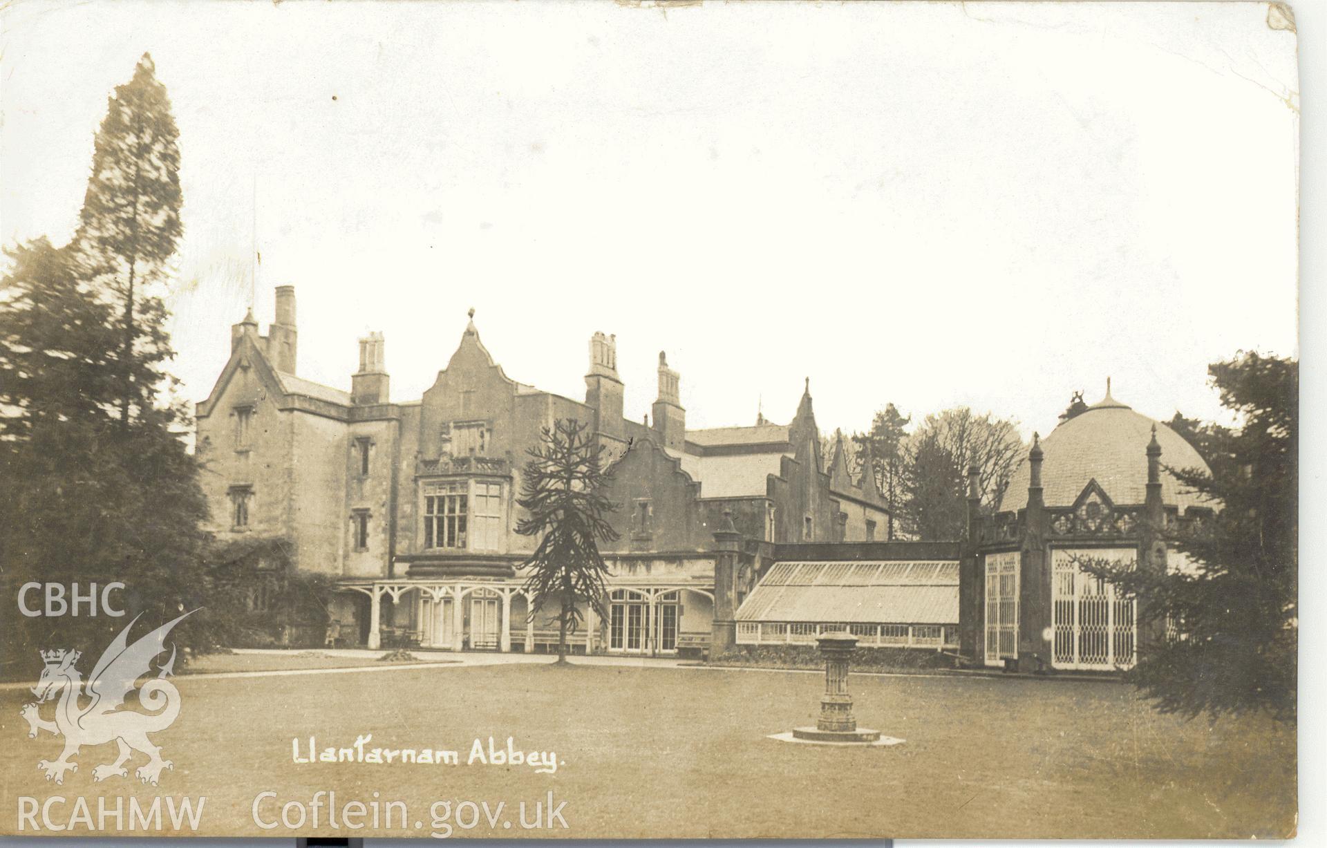 Digitised postcard image of Llantarnam Abbey. Produced by Parks and Gardens Data Services, from an original item in the Peter Davis Collection at Parks and Gardens UK. We hold only web-resolution images of this collection, suitable for viewing on screen and for research purposes only. We do not hold the original images, or publication quality scans.