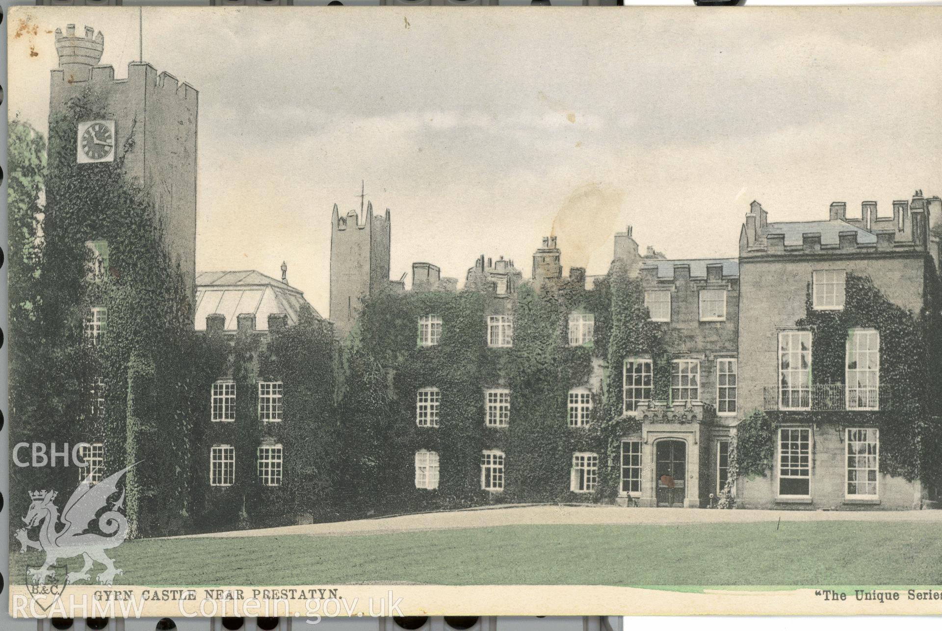 Digitised postcard image of Gyrn Castle, Llanasa, The Unique Series T.S.B. & C.1. Produced by Parks and Gardens Data Services, from an original item in the Peter Davis Collection at Parks and Gardens UK. We hold only web-resolution images of this collection, suitable for viewing on screen and for research purposes only. We do not hold the original images, or publication quality scans.