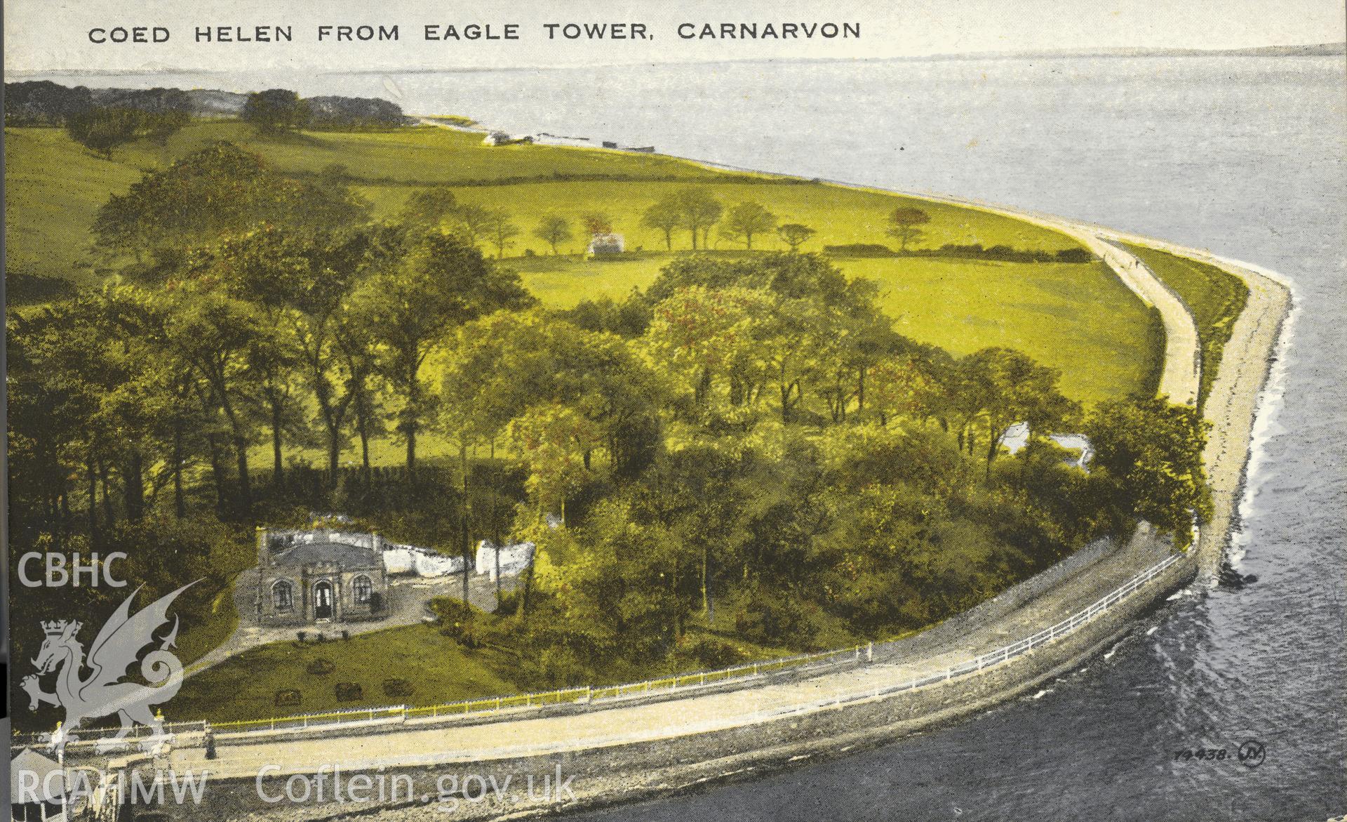 Digitised postcard image of Coed Helen from Eagle Tower, Caernarfon, Valentine and Sons Ltd. Produced by Parks and Gardens Data Services, from an original item in the Peter Davis Collection at Parks and Gardens UK. We hold only web-resolution images of this collection, suitable for viewing on screen and for research purposes only. We do not hold the original images, or publication quality scans.