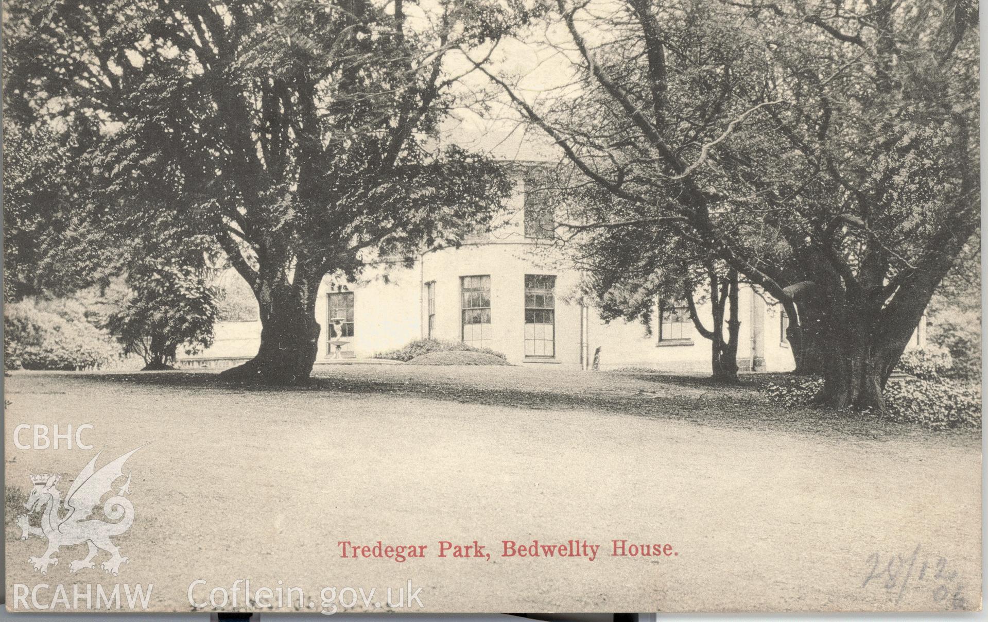 Digitised postcard image of Bedwellty House, Tredegar, W.H.S. &S. Produced by Parks and Gardens Data Services, from an original item in the Peter Davis Collection at Parks and Gardens UK. We hold only web-resolution images of this collection, suitable for viewing on screen and for research purposes only. We do not hold the original images, or publication quality scans.