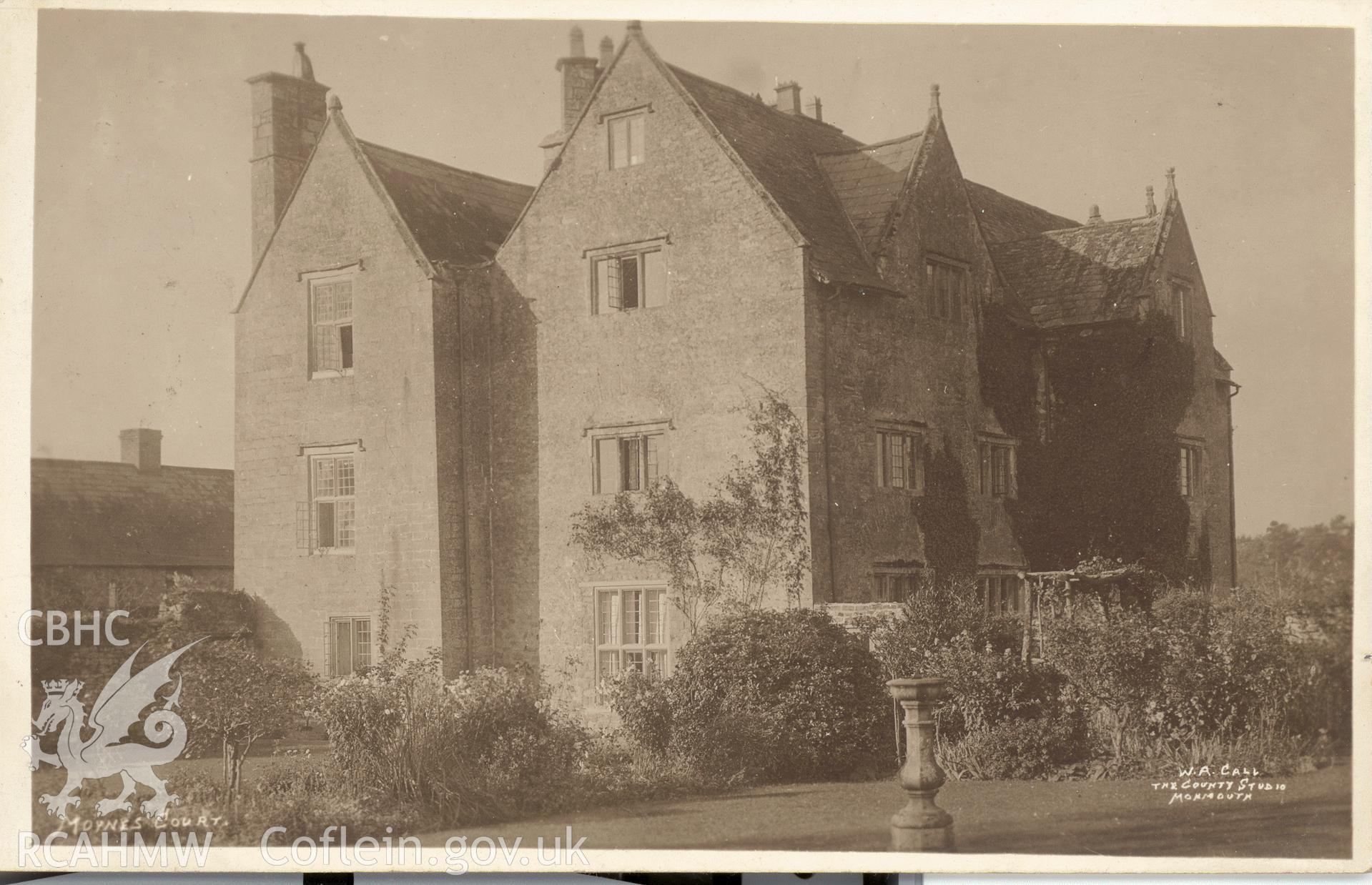 Digitised postcard image of Moynes Court, Mathern, W.A. Call, the County Studio, Monmouth. Produced by Parks and Gardens Data Services, from an original item in the Peter Davis Collection at Parks and Gardens UK. We hold only web-resolution images of this collection, suitable for viewing on screen and for research purposes only. We do not hold the original images, or publication quality scans.