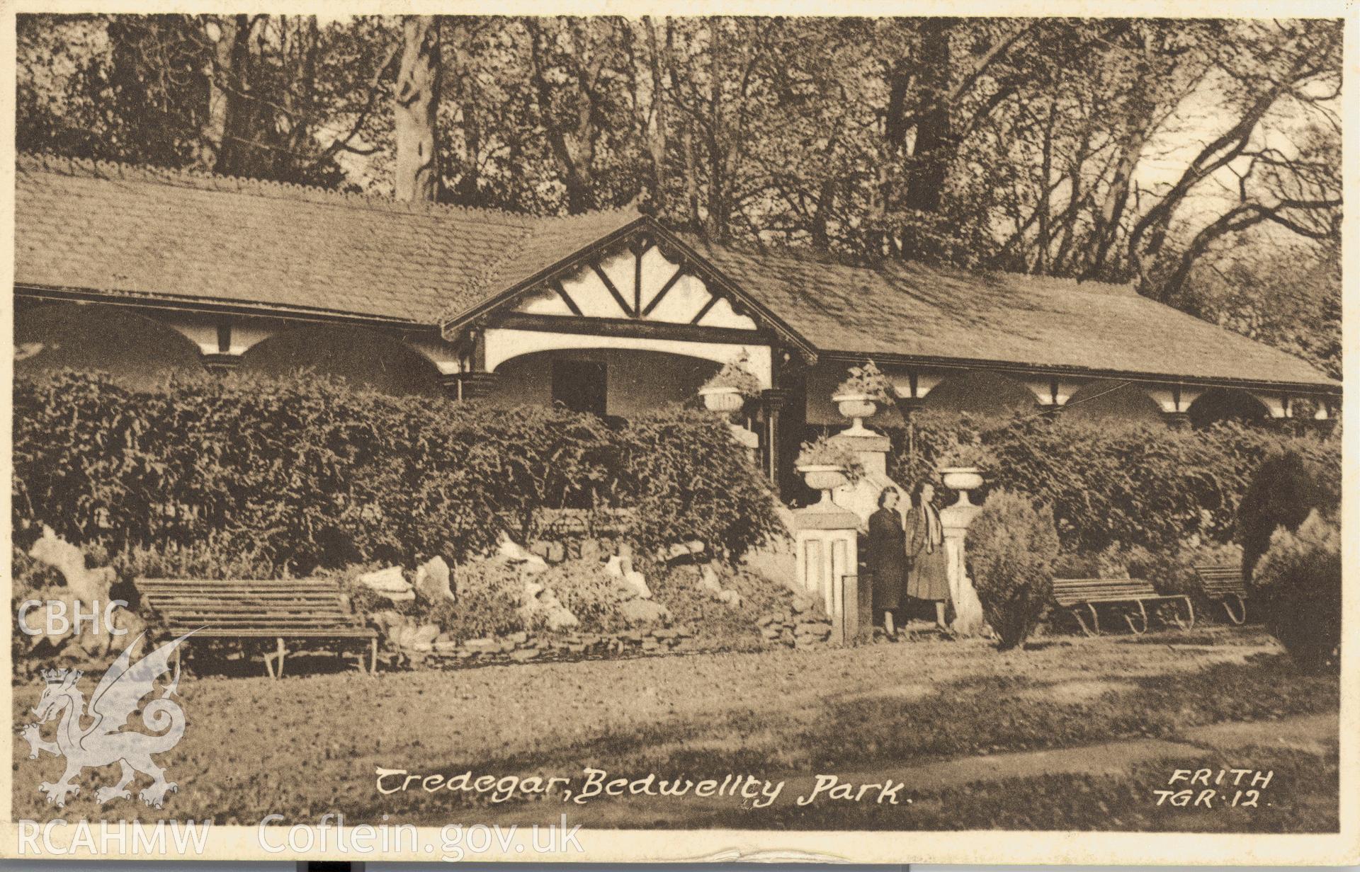 Digitised postcard image of garden pavilion in Bedwellty Patk, F. Frith & Co. Ltd. Produced by Parks and Gardens Data Services, from an original item in the Peter Davis Collection at Parks and Gardens UK. We hold only web-resolution images of this collection, suitable for viewing on screen and for research purposes only. We do not hold the original images, or publication quality scans.