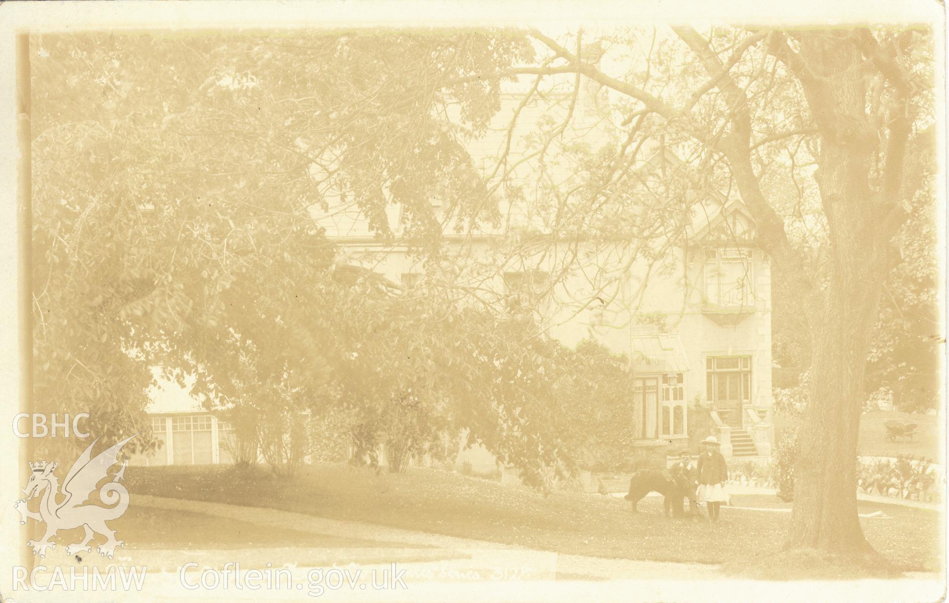 Digitised postcard image of Tondu House, Tondu, with figures, E. Miles, Photographer, Bridgend. Produced by Parks and Gardens Data Services, from an original item in the Peter Davis Collection at Parks and Gardens UK. We hold only web-resolution images of this collection, suitable for viewing on screen and for research purposes only. We do not hold the original images, or publication quality scans.
