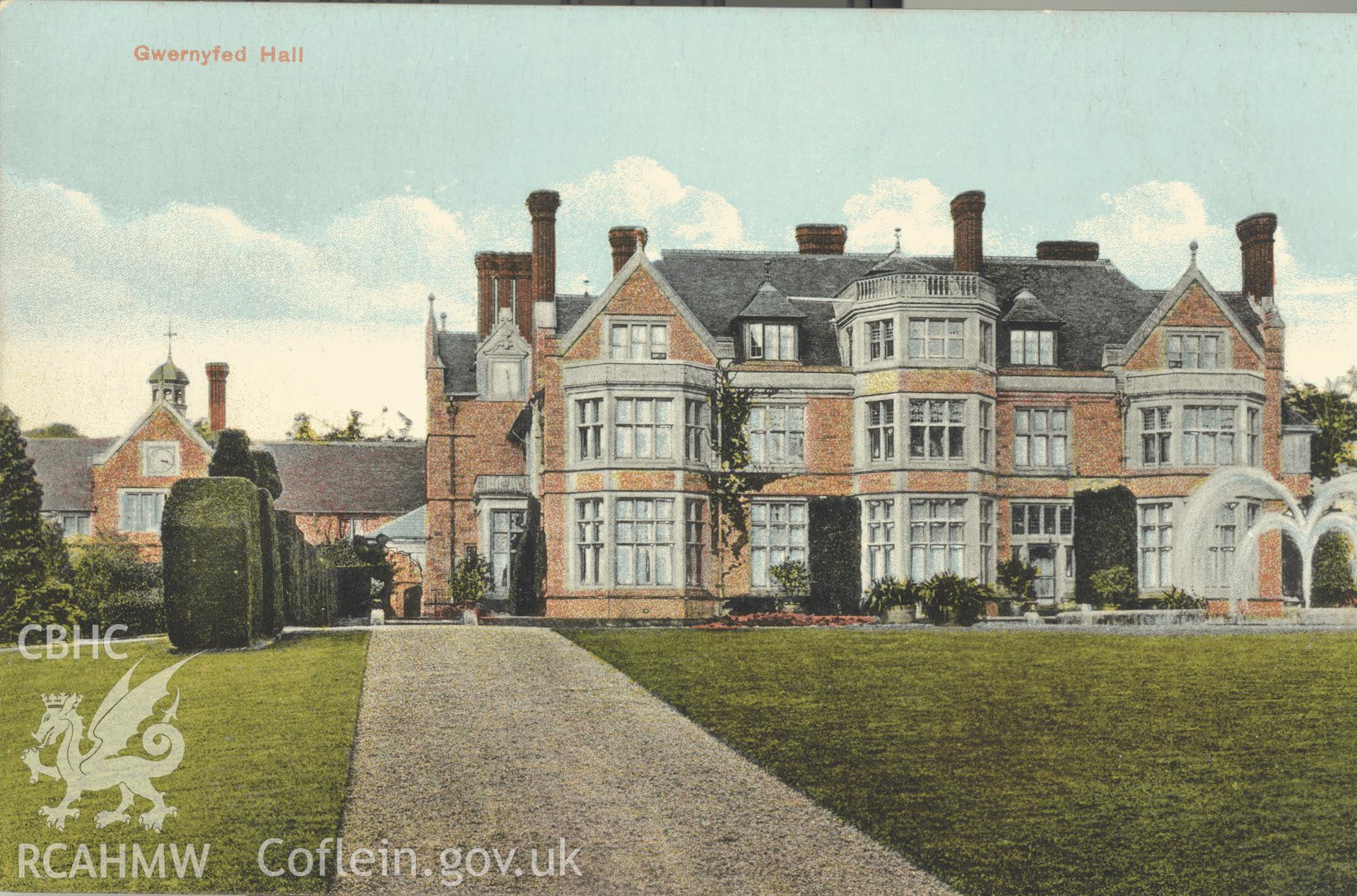 Digitised postcard image of Gwernyfed Park, Cartwright, Photographer, Ystradgynlais. Produced by Parks and Gardens Data Services, from an original item in the Peter Davis Collection at Parks and Gardens UK. We hold only web-resolution images of this collection, suitable for viewing on screen and for research purposes only. We do not hold the original images, or publication quality scans.