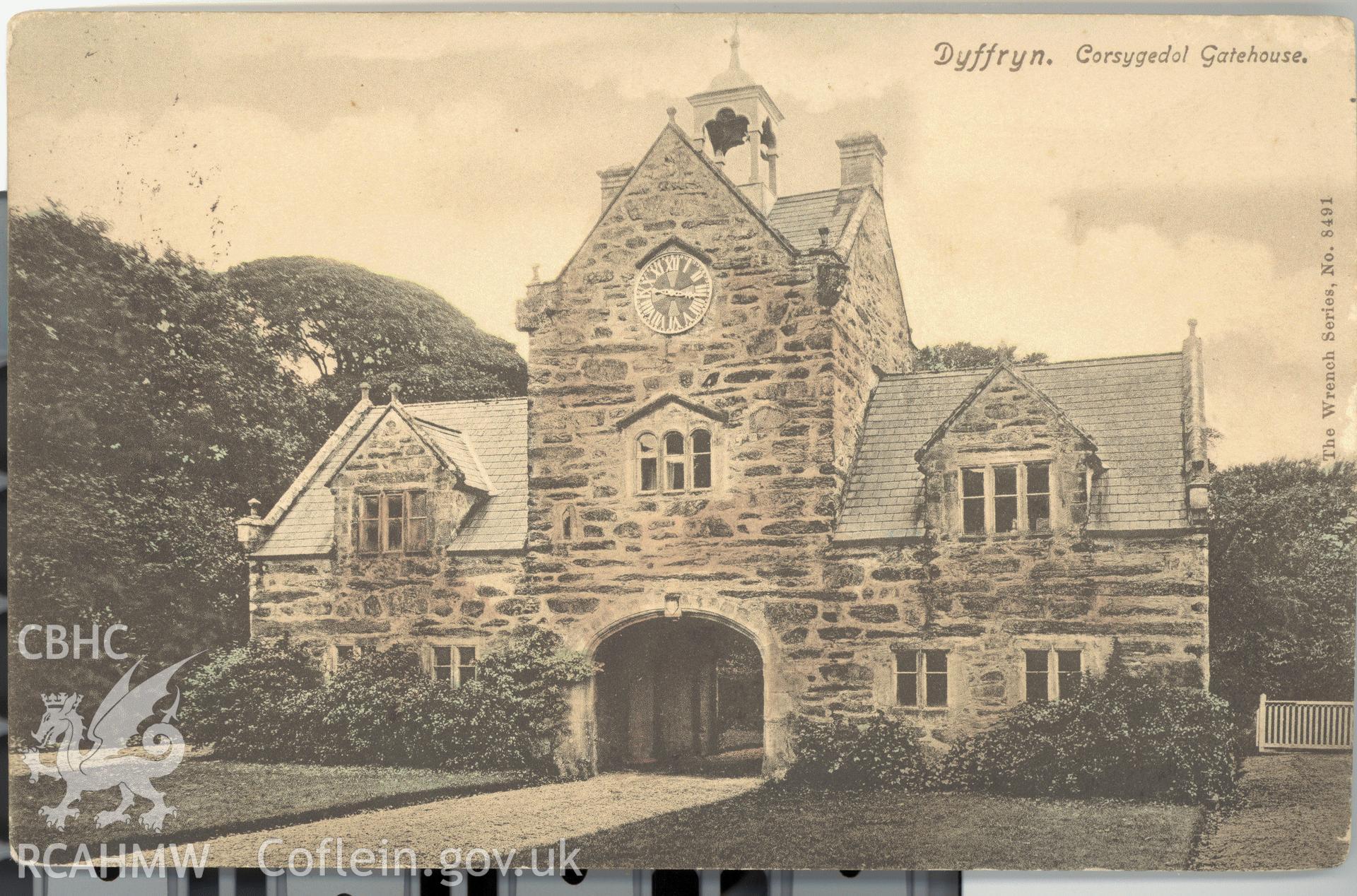 Digitised postcard image of Cors-y-Gedol gatehouse, The Wrench Series. Produced by Parks and Gardens Data Services, from an original item in the Peter Davis Collection at Parks and Gardens UK. We hold only web-resolution images of this collection, suitable for viewing on screen and for research purposes only. We do not hold the original images, or publication quality scans.