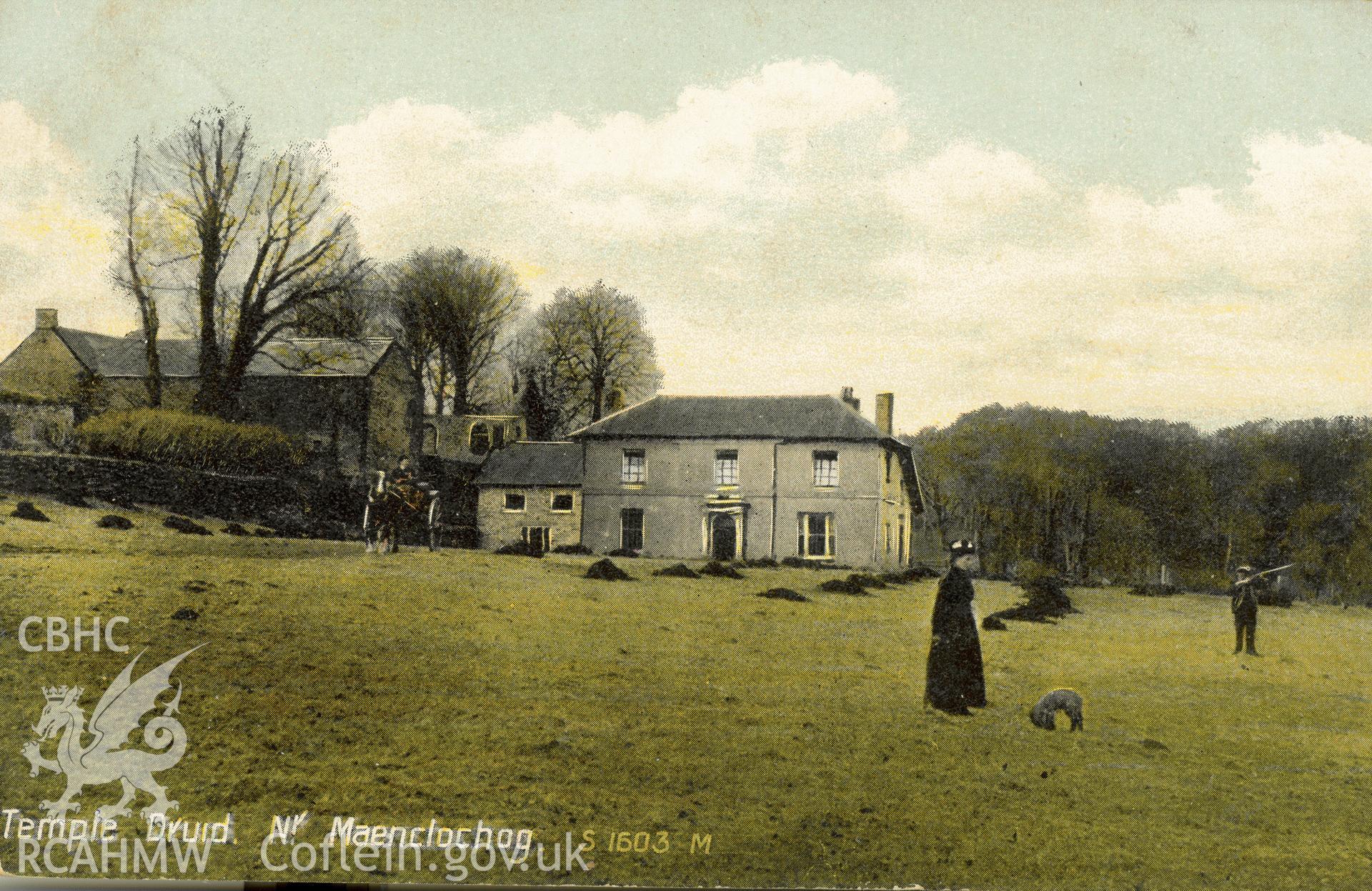 Digitised postcard image of Temple Druid, Maenclochog with figures, Hardings' (Bristol) Series. Produced by Parks and Gardens Data Services, from an original item in the Peter Davis Collection at Parks and Gardens UK. We hold only web-resolution images of this collection, suitable for viewing on screen and for research purposes only. We do not hold the original images, or publication quality scans.