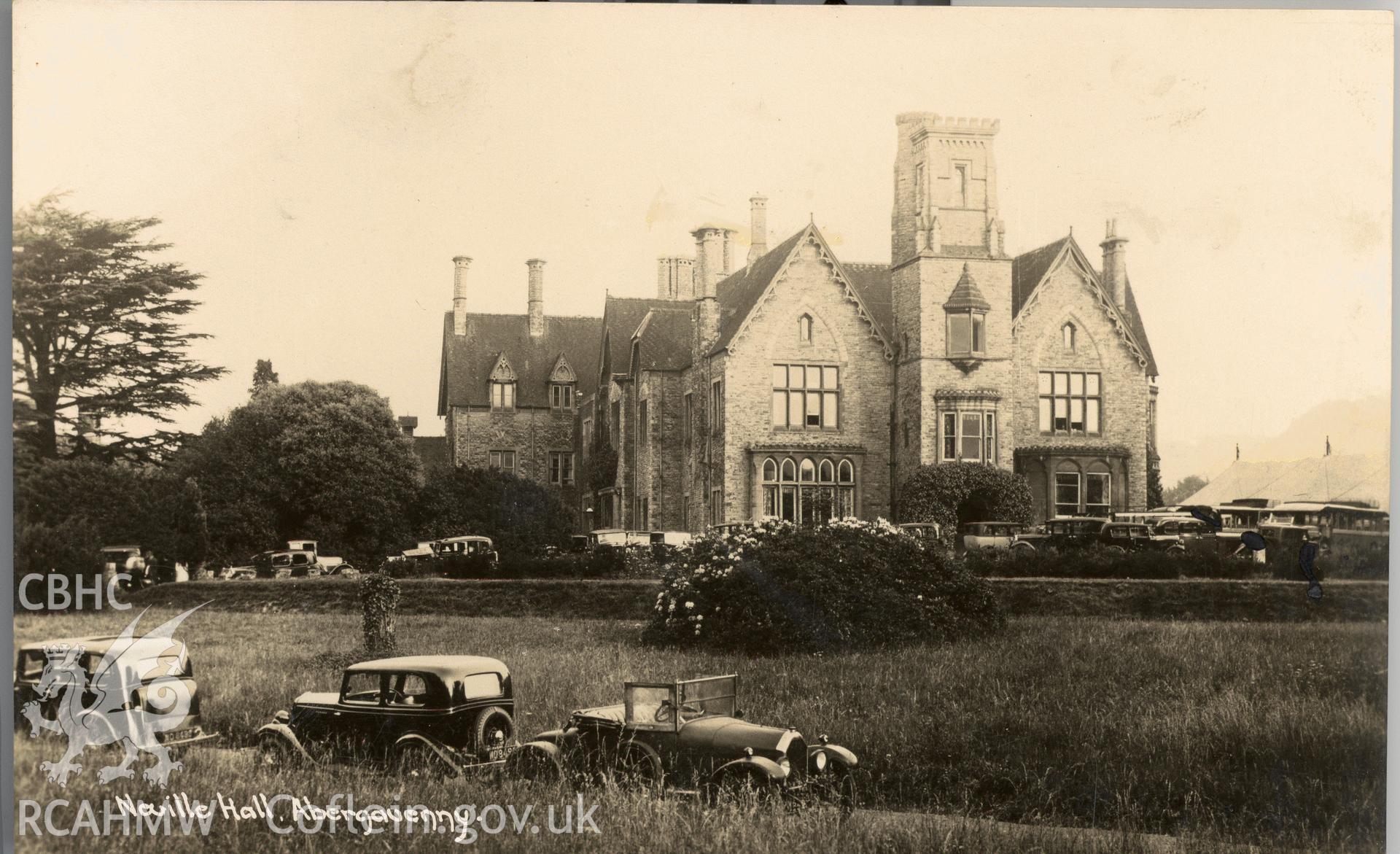 Digitised postcard image of Nevill Hall, Abergavenny, with early motorcars. Produced by Parks and Gardens Data Services, from an original item in the Peter Davis Collection at Parks and Gardens UK. We hold only web-resolution images of this collection, suitable for viewing on screen and for research purposes only. We do not hold the original images, or publication quality scans.