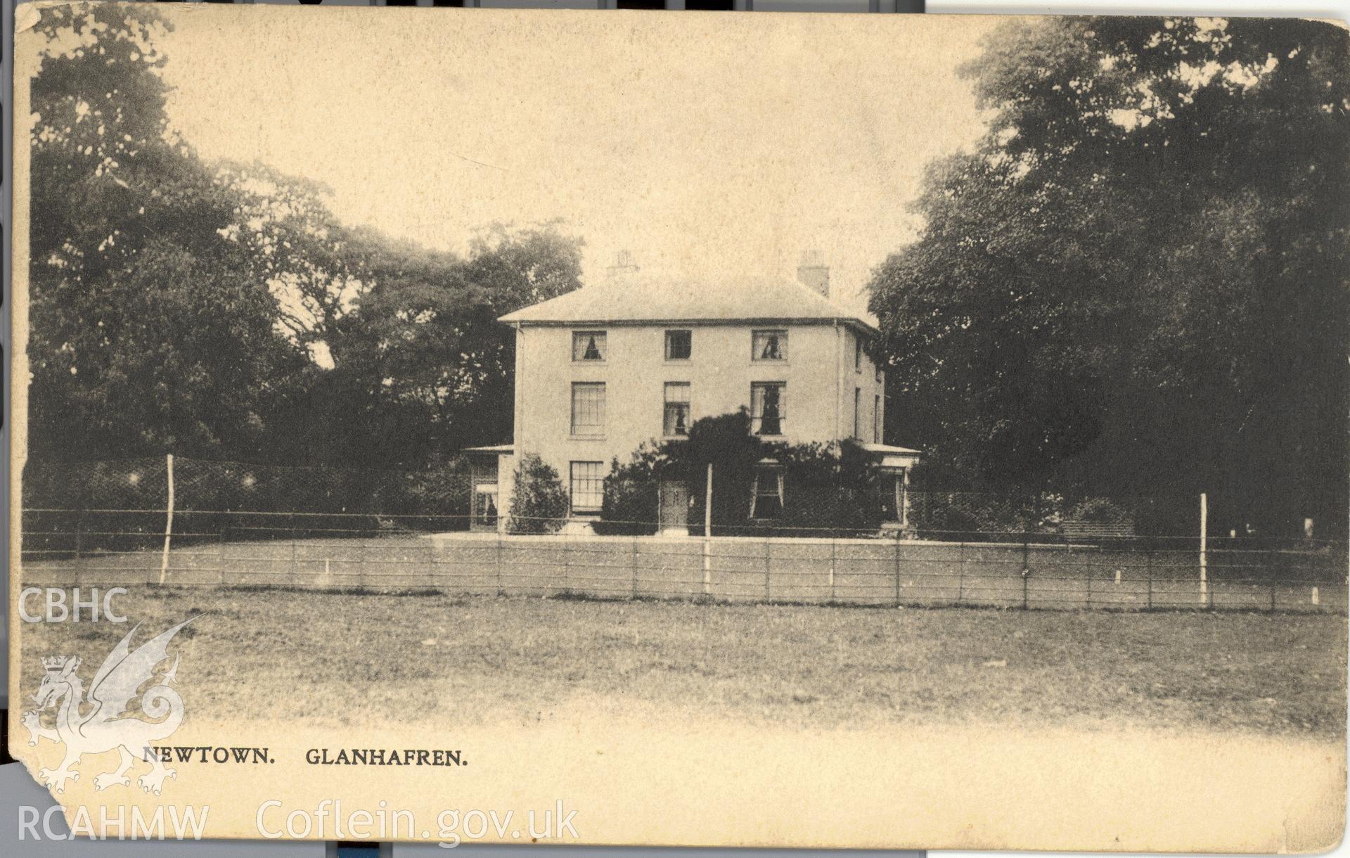 Digitised postcard image of Glanhafren, Newtown, Park and Son, Newtown. Produced by Parks and Gardens Data Services, from an original item in the Peter Davis Collection at Parks and Gardens UK. We hold only web-resolution images of this collection, suitable for viewing on screen and for research purposes only. We do not hold the original images, or publication quality scans.