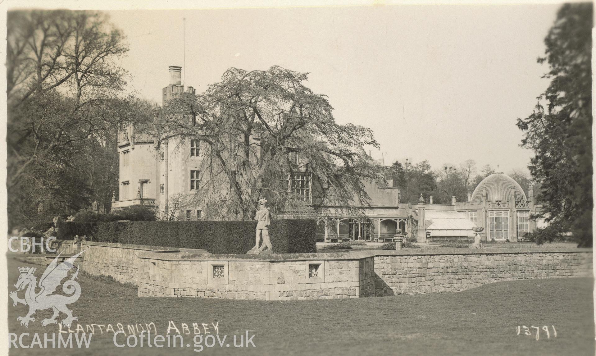 Digitised postcard image of Llantarnam Abbey. Produced by Parks and Gardens Data Services, from an original item in the Peter Davis Collection at Parks and Gardens UK. We hold only web-resolution images of this collection, suitable for viewing on screen and for research purposes only. We do not hold the original images, or publication quality scans.