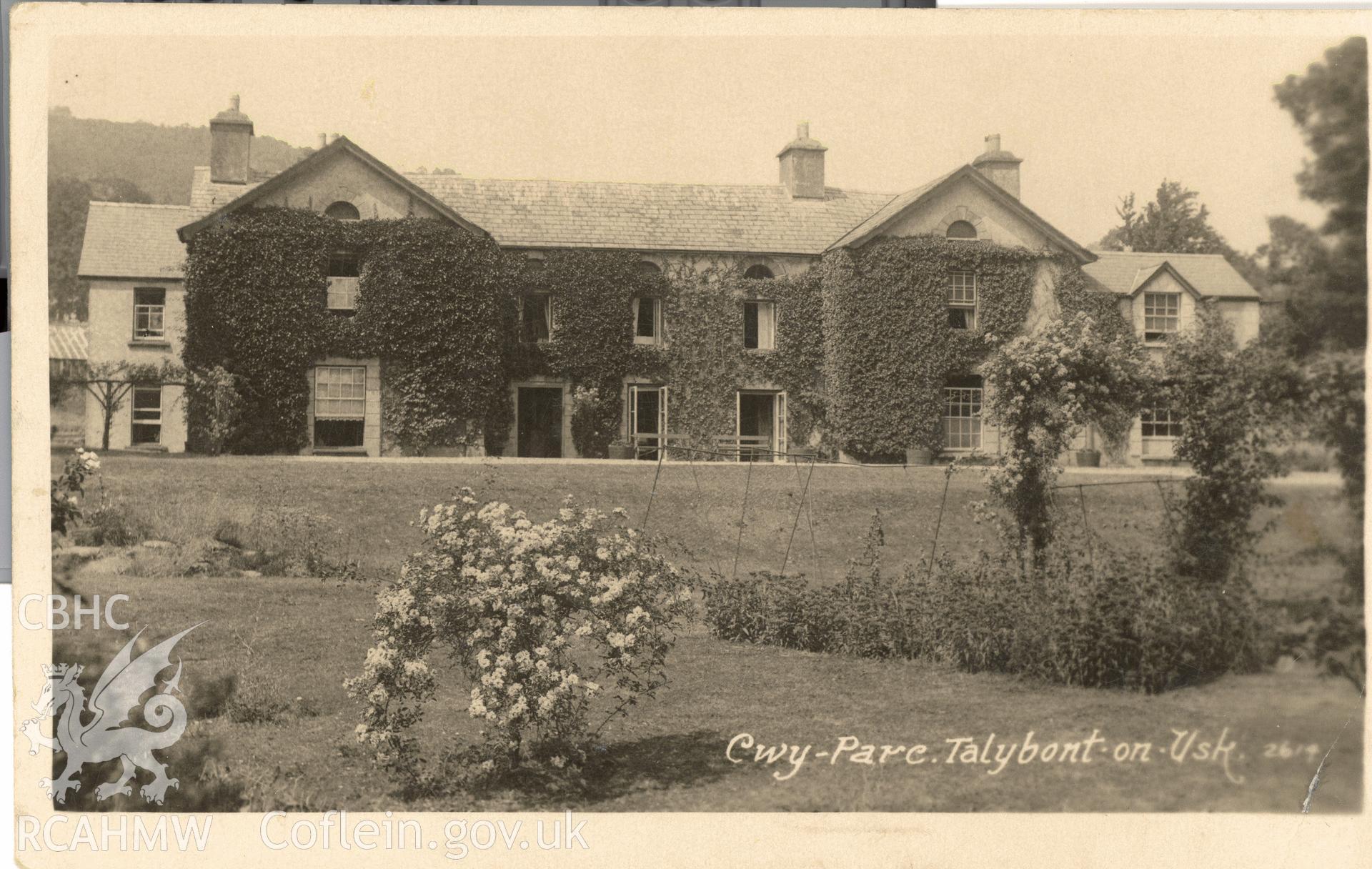 Digitised postcard image of Cwy-Parc, Talybont-on-Usk, Viner and Co, Publishers, Acton. Produced by Parks and Gardens Data Services, from an original item in the Peter Davis Collection at Parks and Gardens UK. We hold only web-resolution images of this collection, suitable for viewing on screen and for research purposes only. We do not hold the original images, or publication quality scans.