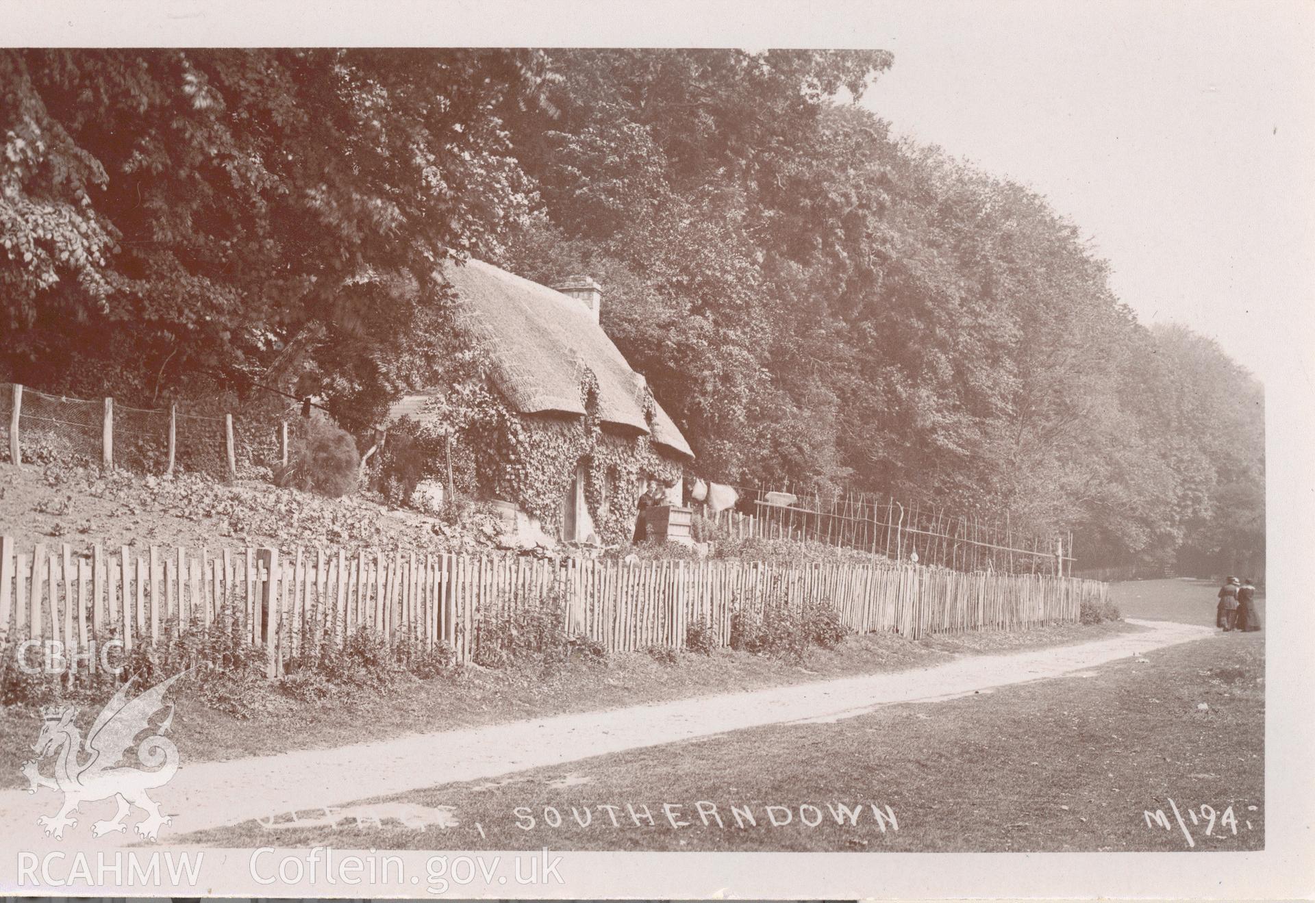 Digitised postcard image of Seamouth Cottage, Southerndown. Produced by Parks and Gardens Data Services, from an original item in the Peter Davis Collection at Parks and Gardens UK. We hold only web-resolution images of this collection, suitable for viewing on screen and for research purposes only. We do not hold the original images, or publication quality scans.