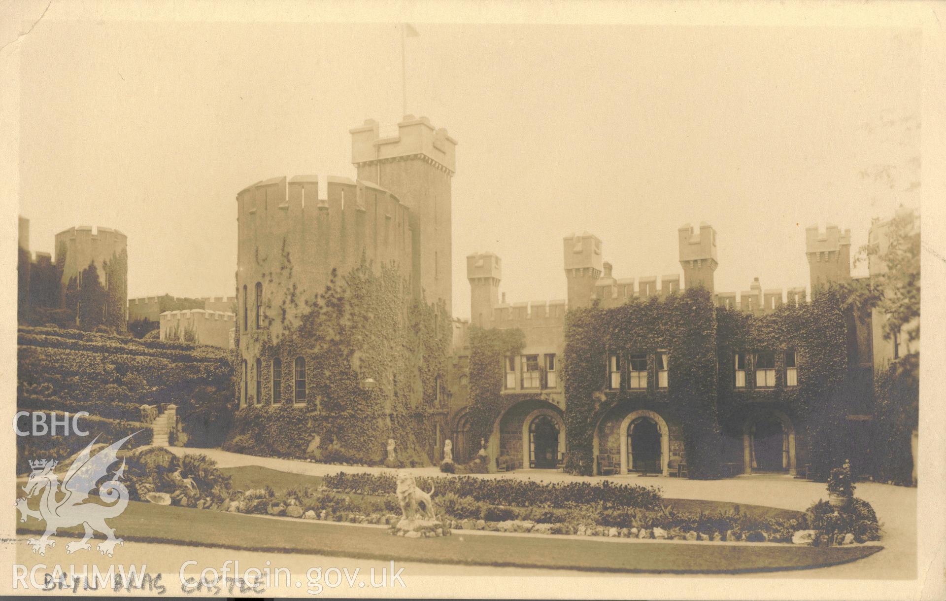 Digitised postcard image of Bryn Bras Castle, Llanrug, showing statuary. Produced by Parks and Gardens Data Services, from an original item in the Peter Davis Collection at Parks and Gardens UK. We hold only web-resolution images of this collection, suitable for viewing on screen and for research purposes only. We do not hold the original images, or publication quality scans.