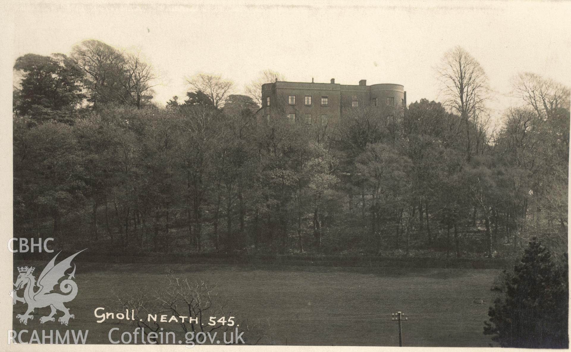 Digitised postcard image of Gnoll House, Neath, Viner Bromo card. Produced by Parks and Gardens Data Services, from an original item in the Peter Davis Collection at Parks and Gardens UK. We hold only web-resolution images of this collection, suitable for viewing on screen and for research purposes only. We do not hold the original images, or publication quality scans.