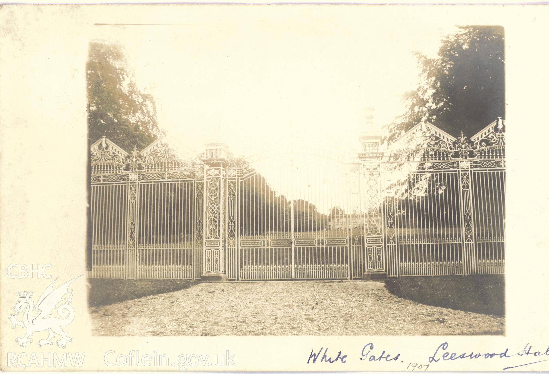 Digitised postcard image of White Gates, Leeswood Hall. Produced by Parks and Gardens Data Services, from an original item in the Peter Davis Collection at Parks and Gardens UK. We hold only web-resolution images of this collection, suitable for viewing on screen and for research purposes only. We do not hold the original images, or publication quality scans.