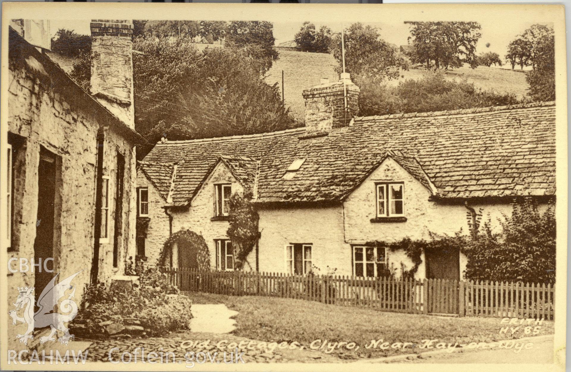 Digitised postcard image of Old Cottages, Clyro, near Hay on Wye, F. Frith and Co. Ltd., Reigate. Produced by Parks and Gardens Data Services, from an original item in the Peter Davis Collection at Parks and Gardens UK. We hold only web-resolution images of this collection, suitable for viewing on screen and for research purposes only. We do not hold the original images, or publication quality scans.