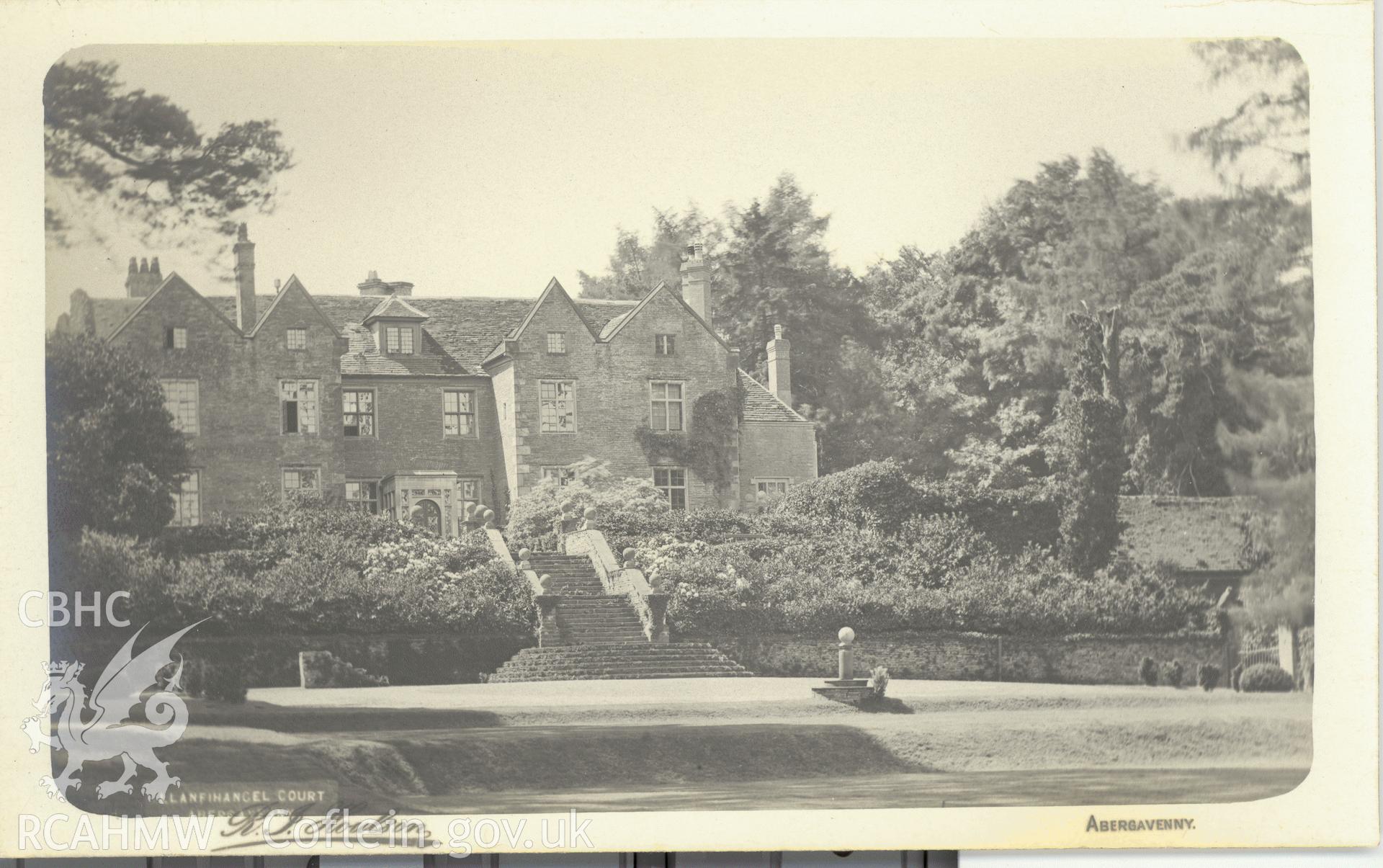 Digitised postcard image of Llanfihangel Court, Crucorney, R.J. Houlson, Abergavenny. Produced by Parks and Gardens Data Services, from an original item in the Peter Davis Collection at Parks and Gardens UK. We hold only web-resolution images of this collection, suitable for viewing on screen and for research purposes only. We do not hold the original images, or publication quality scans.