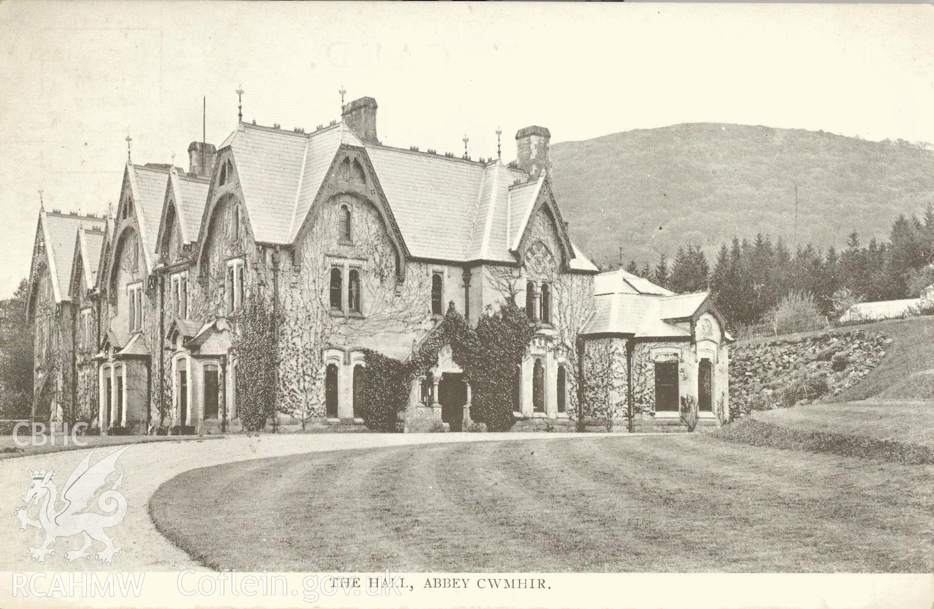 Digitised postcard image of the Hall, Abbey Cwmhir. Produced by Parks and Gardens Data Services, from an original item in the Peter Davis Collection at Parks and Gardens UK. We hold only web-resolution images of this collection, suitable for viewing on screen and for research purposes only. We do not hold the original images, or publication quality scans.