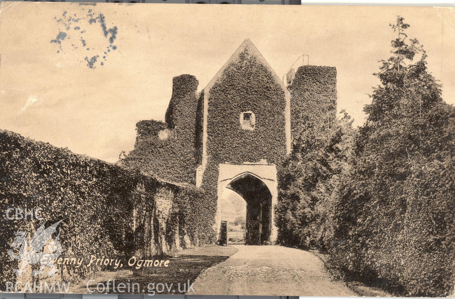 Digitised postcard image of gatehouse, Ewenny Priory, Valentines Series. Produced by Parks and Gardens Data Services, from an original item in the Peter Davis Collection at Parks and Gardens UK. We hold only web-resolution images of this collection, suitable for viewing on screen and for research purposes only. We do not hold the original images, or publication quality scans.