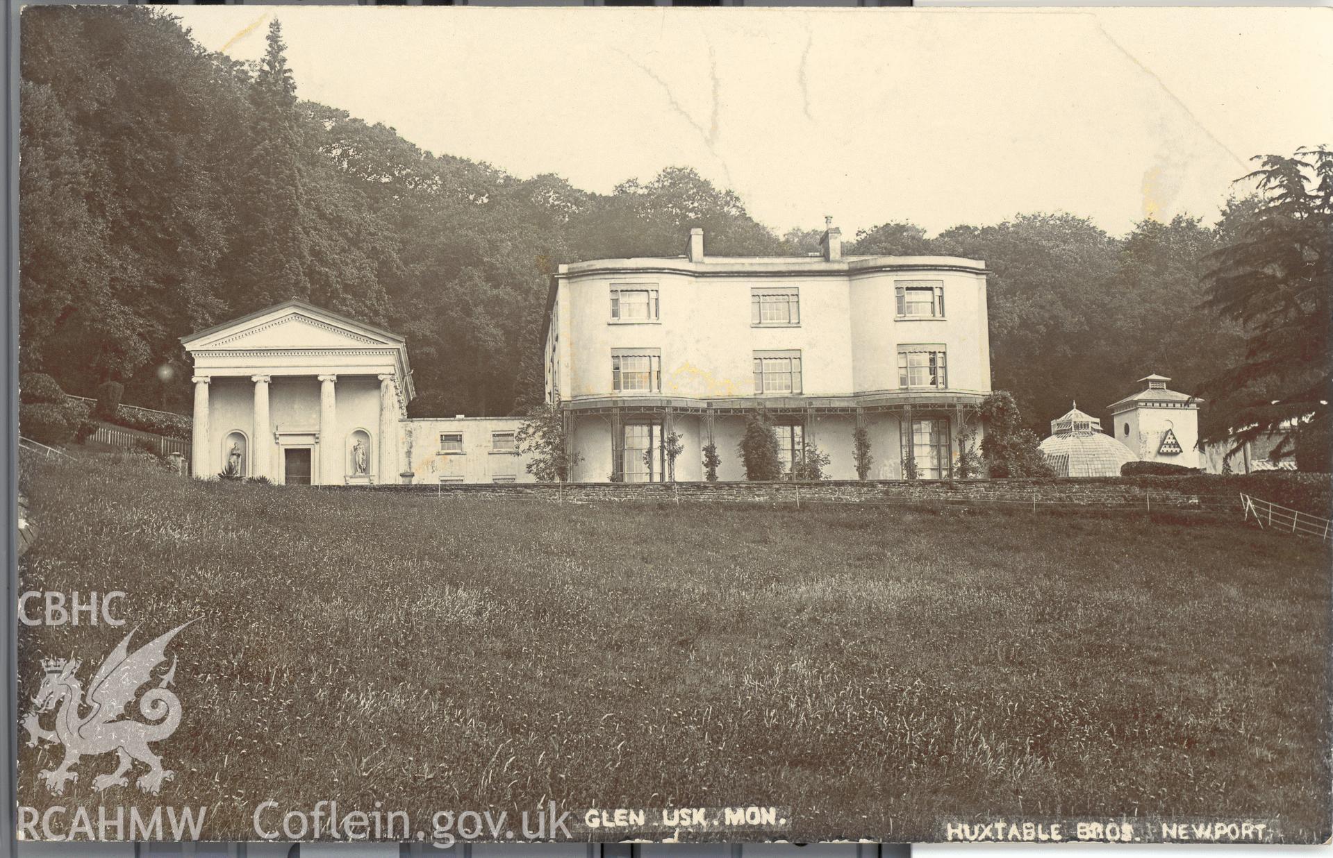 Digitised postcard image of Glen Usk, Llanhennock, Huxtable Bros., Newport. Produced by Parks and Gardens Data Services, from an original item in the Peter Davis Collection at Parks and Gardens UK. We hold only web-resolution images of this collection, suitable for viewing on screen and for research purposes only. We do not hold the original images, or publication quality scans.