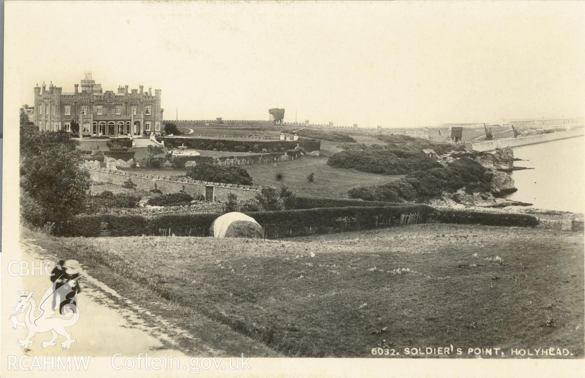 Digitised postcard image of Soldier's Point Hotel, Holyhead, The Peham series published by Boots Pure Drug Co. Ltd. Produced by Parks and Gardens Data Services, from an original item in the Peter Davis Collection at Parks and Gardens UK. We hold only web-resolution images of this collection, suitable for viewing on screen and for research purposes only. We do not hold the original images, or publication quality scans.